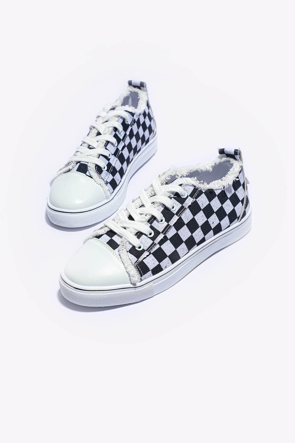 Checkered Edge Print Raw Lace-up Canvas Shoes