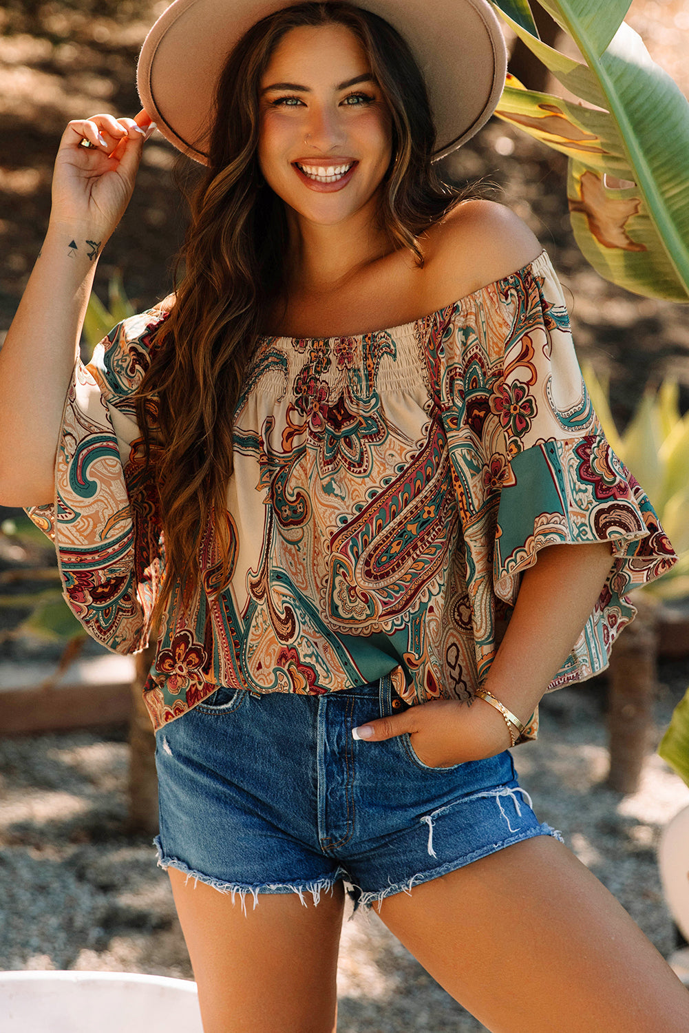 Paisley Printed Shirred Off Shoulder Blouse