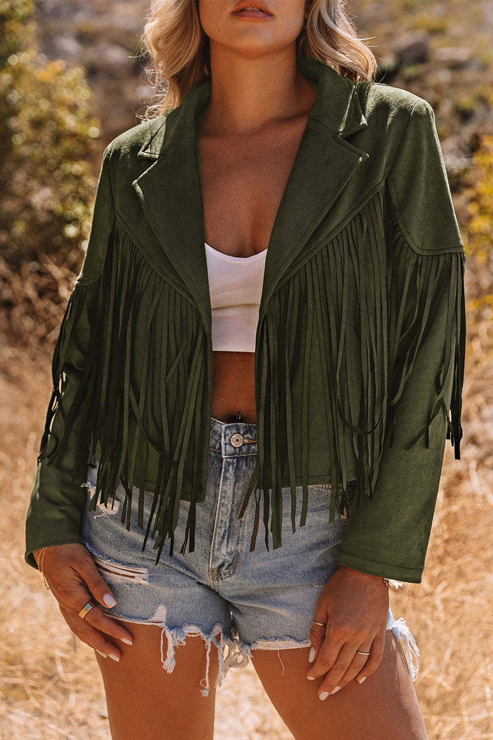 Fringe Faux Cropped Faux Suede Jacket in Green