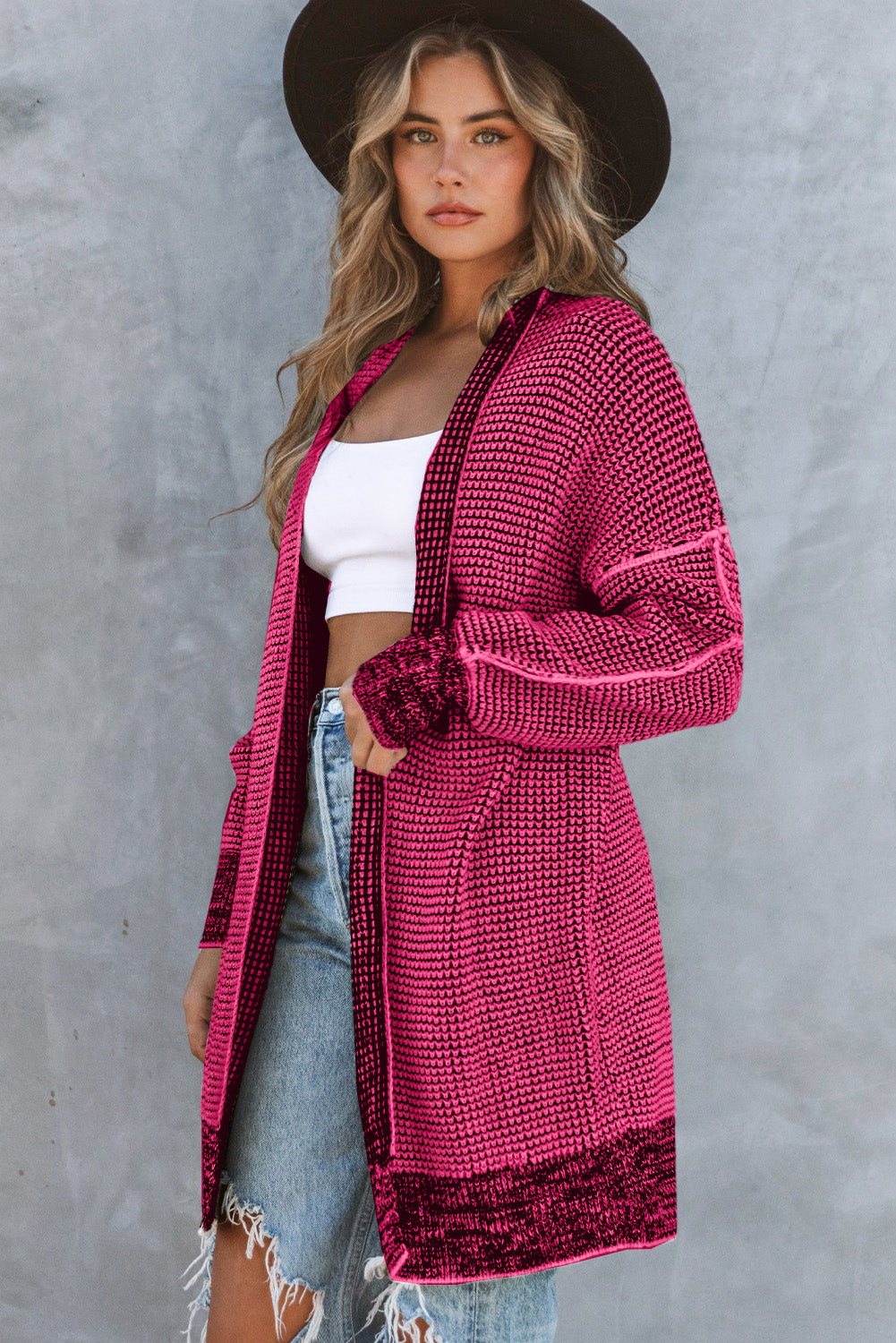 Women's Rose Plaid Knitted Long Open Front Cardigan