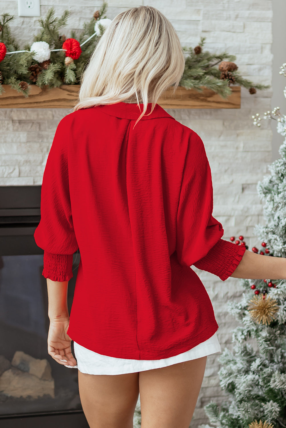 Shirred V-Neck Collared 3/4 Sleeve Roomy Tunic Top