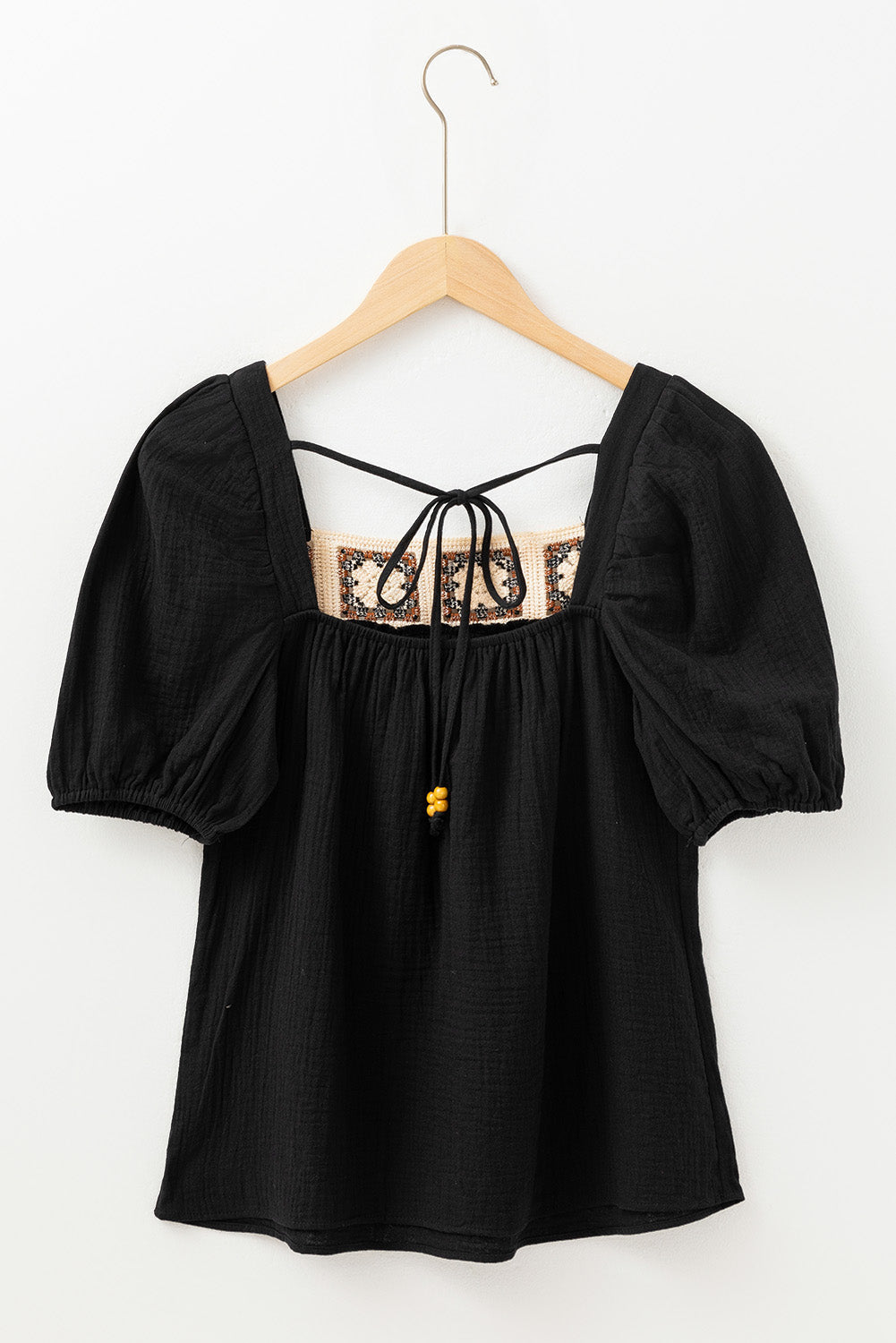 Flower Crochet Square Neck Textured Short Sleeve Blouse