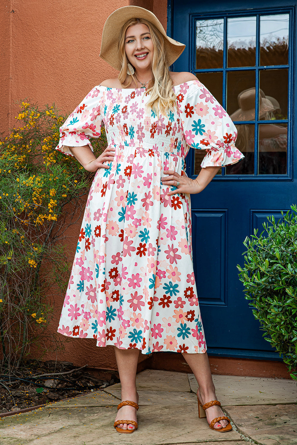 Robe Smockée à Epaules Dénudées Imprimé Fleur de Grande Taille