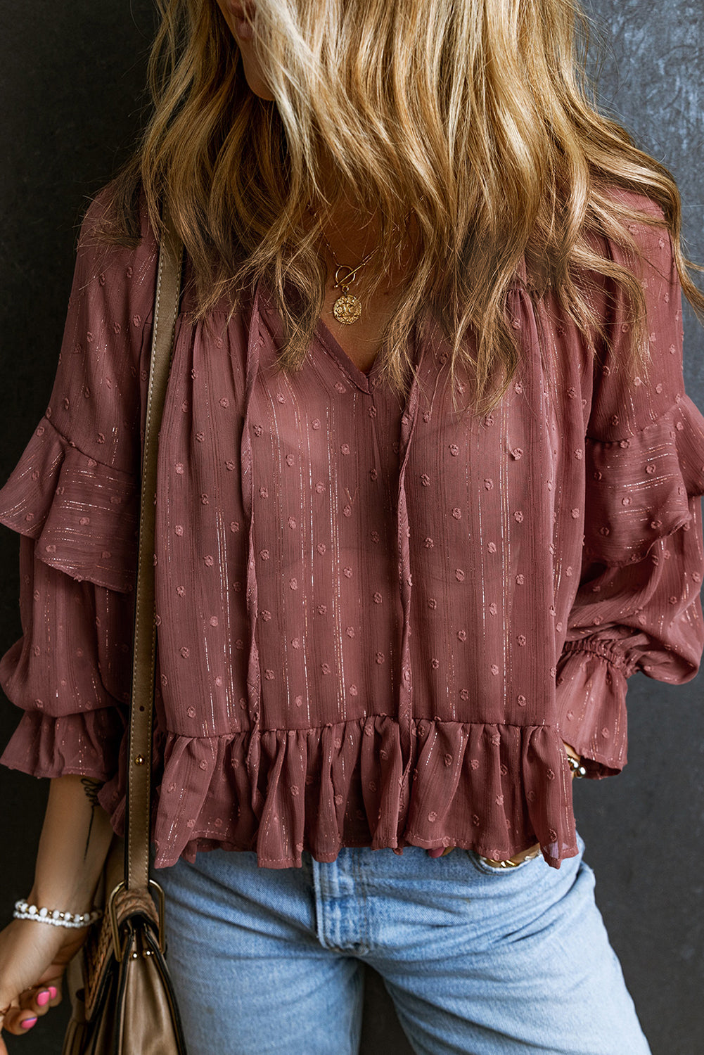 Women's Blouse with Ruffle-Trimmed Swiss Dot Lace-Trimmed up V Neck