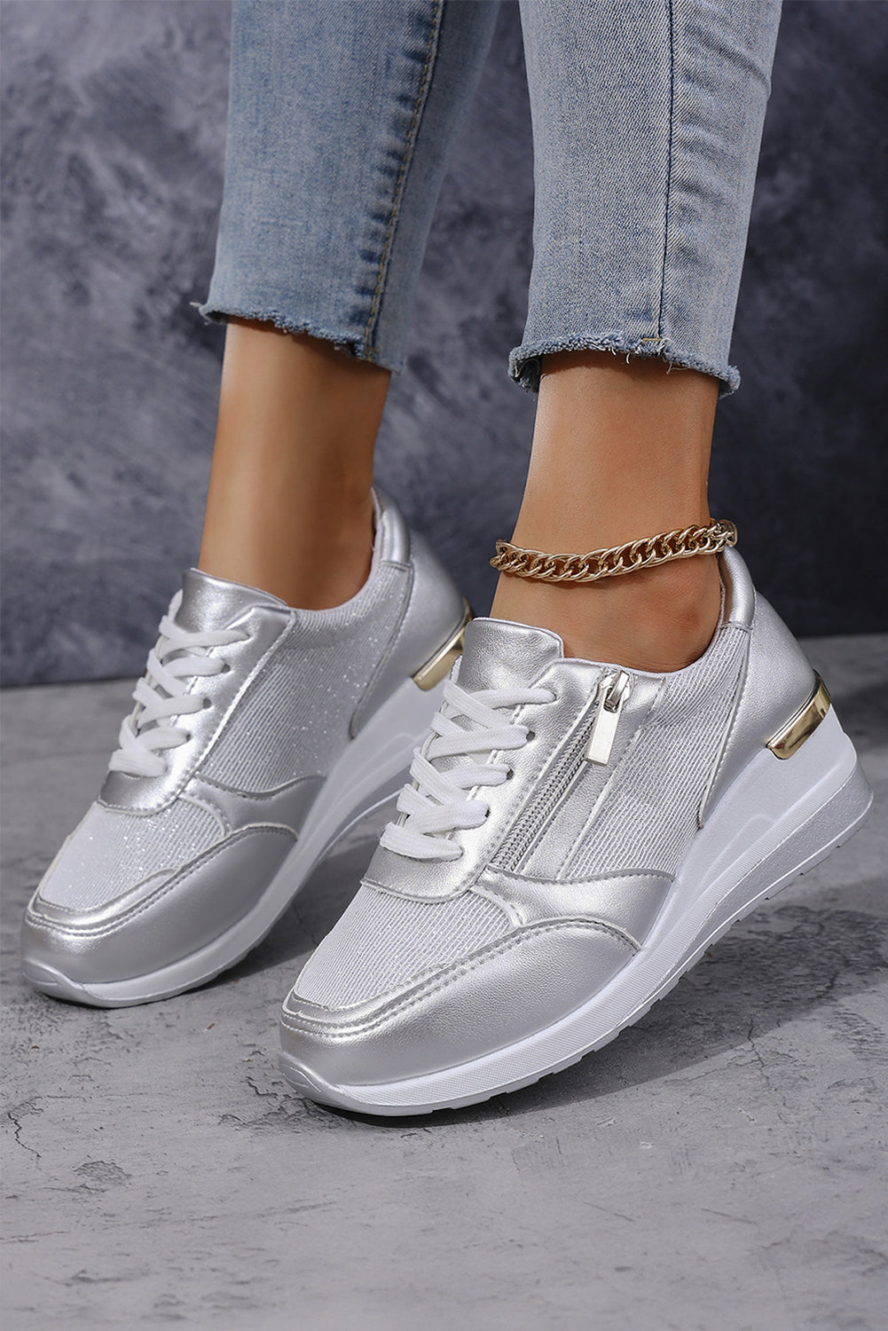 PU Zip Leather Patchwork Lace-up Sneakers