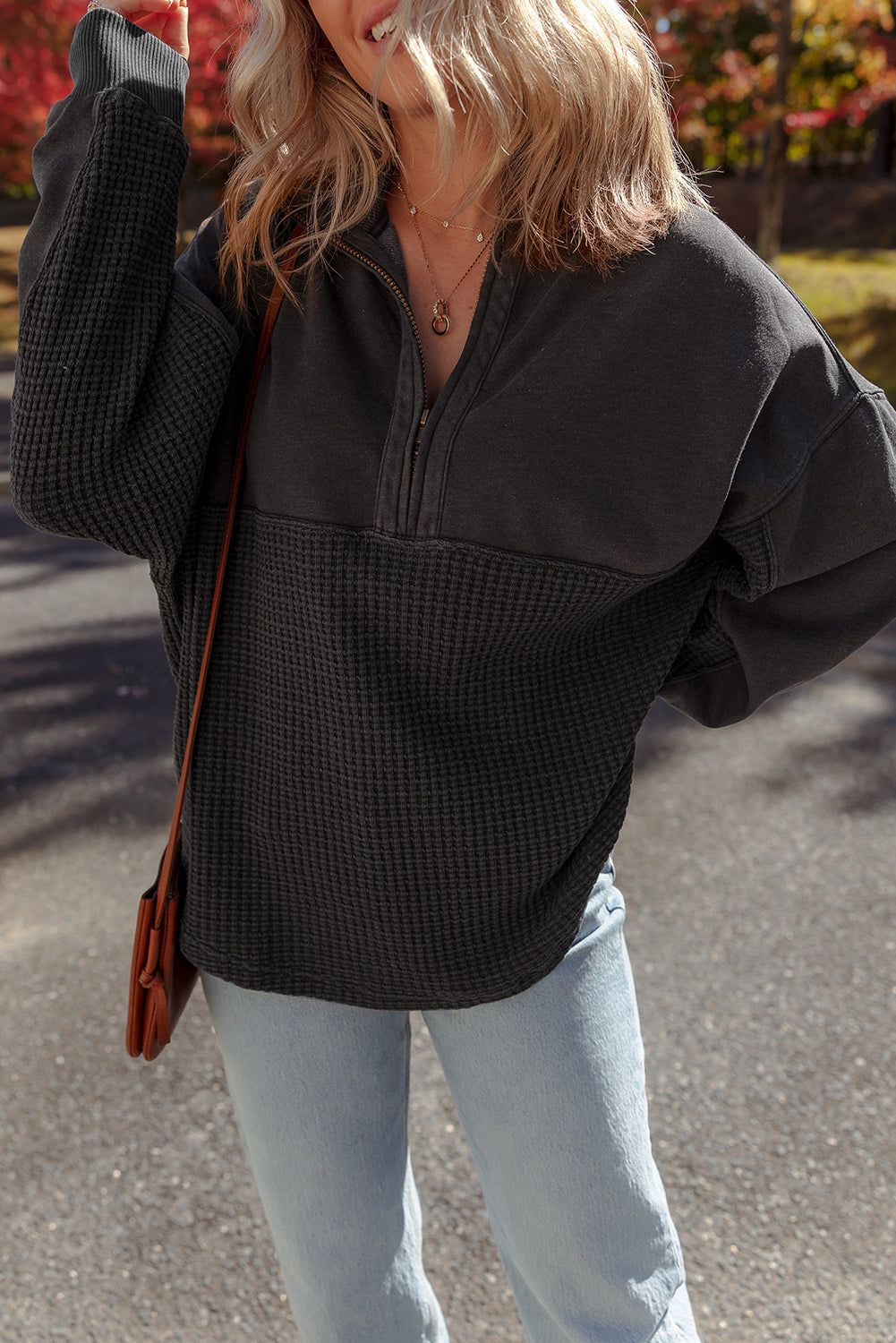 Waffle Half Knit Patchwork Zip Everyday Sweatshirt