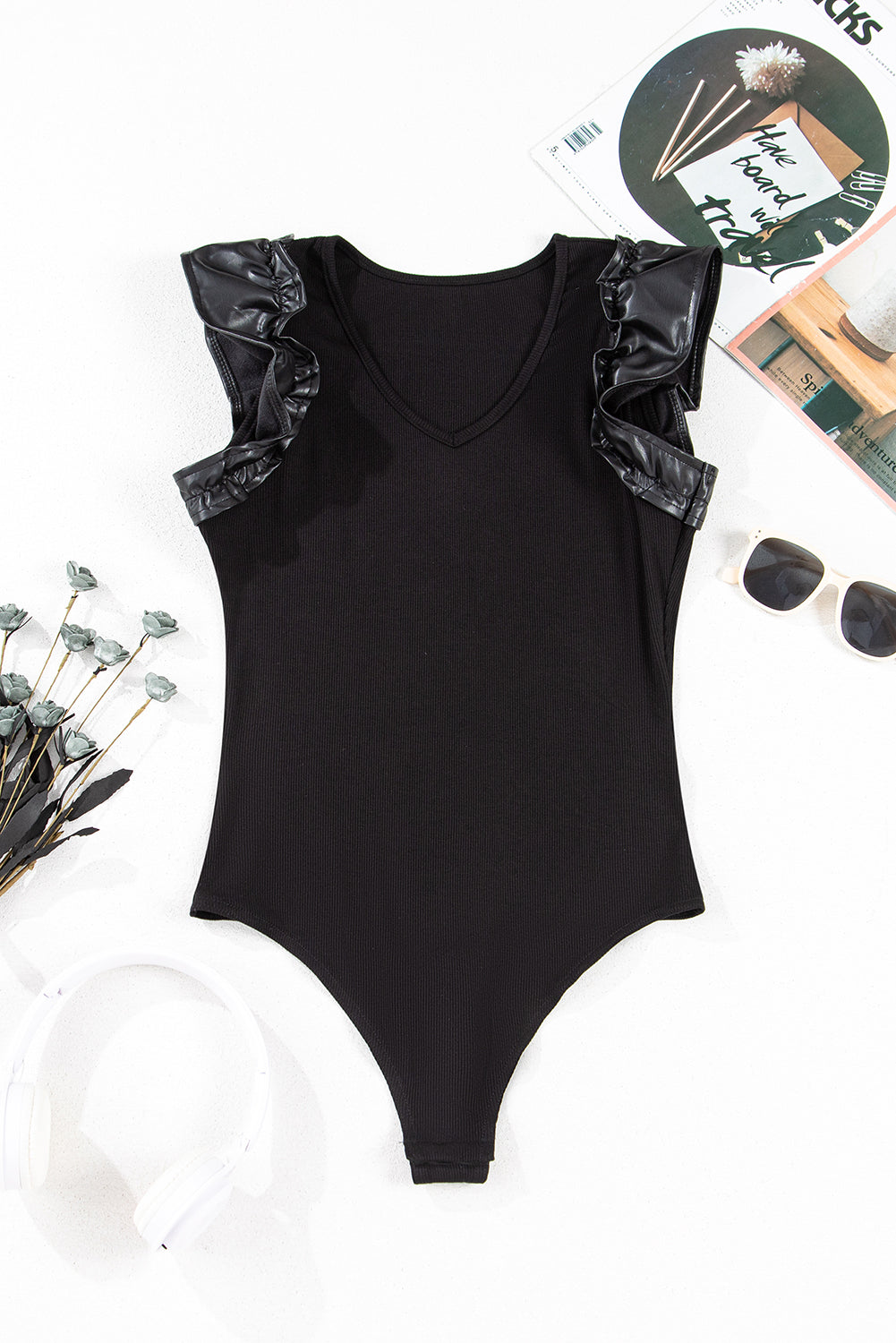 Black Leatherette Ruffle Patchwork Ribbed Bodysuit