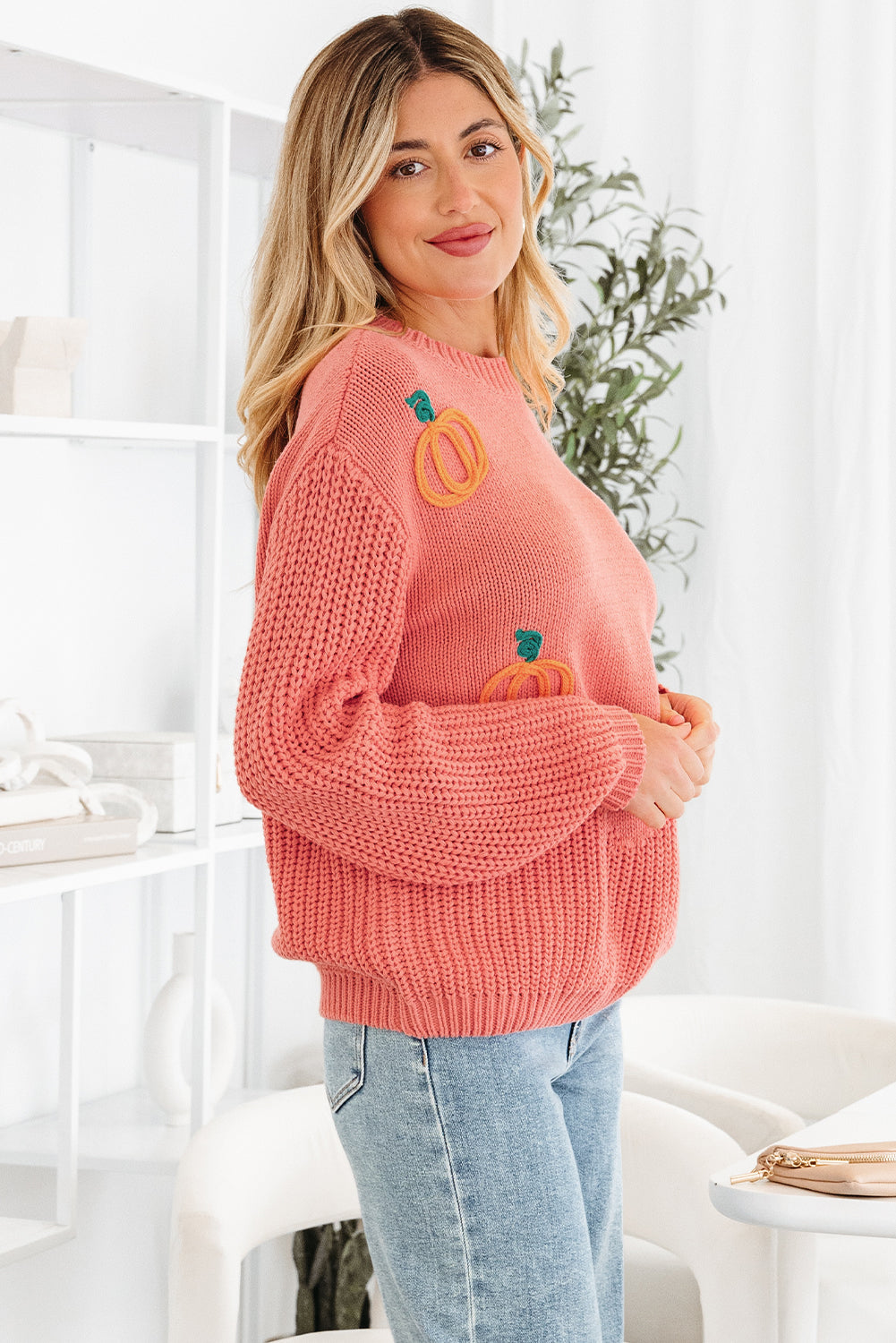 Pumpkin Embroidered Thanksgiving Holiday Knit Top