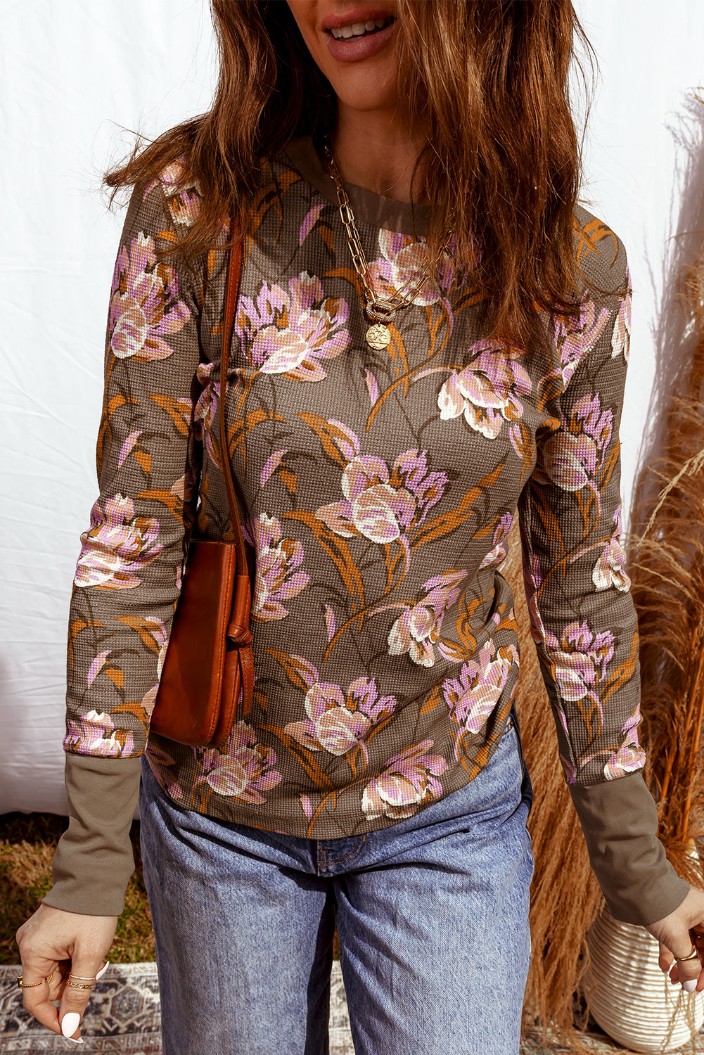 Floral-Print Long-Sleeved Waffle Textured Top in Brown