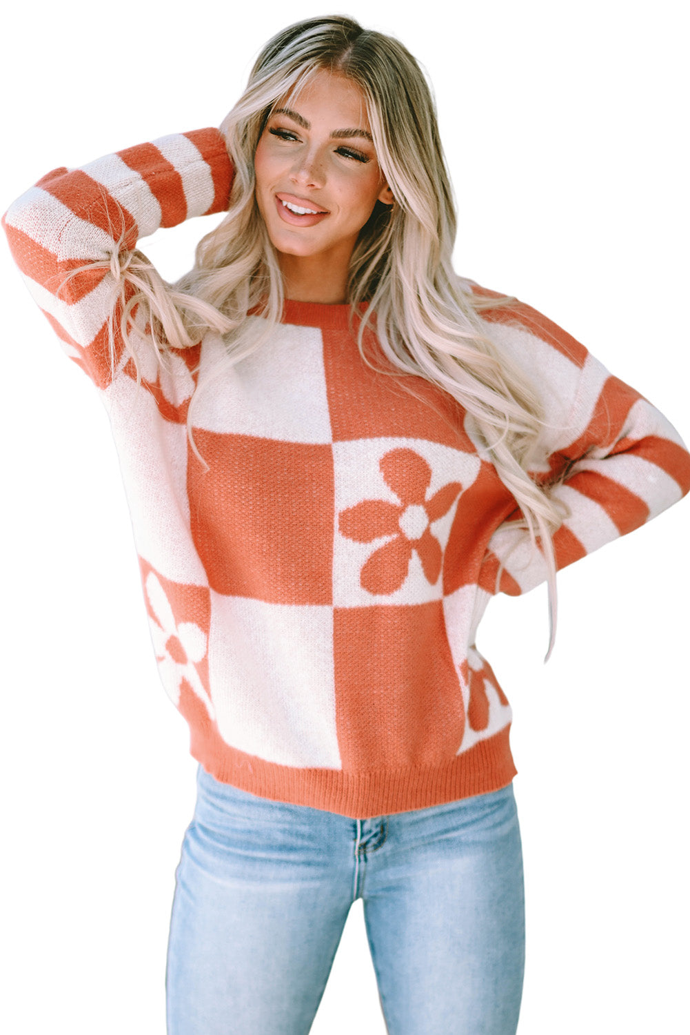 Women's Sweater Featuring Checked Floral-Print Print Striped