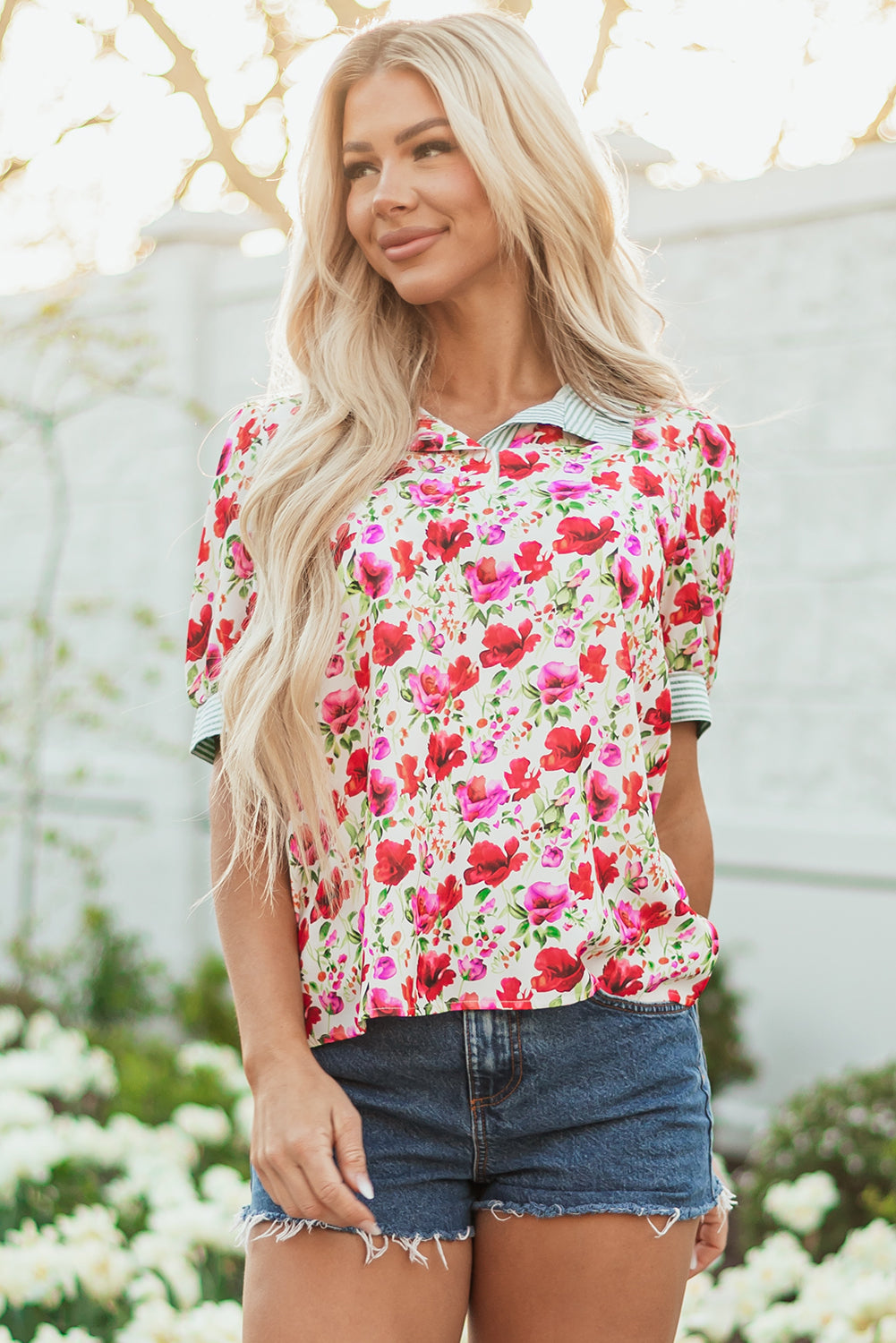 Floral-Print Collared Striped Patchwork Short-Sleeved Blouse