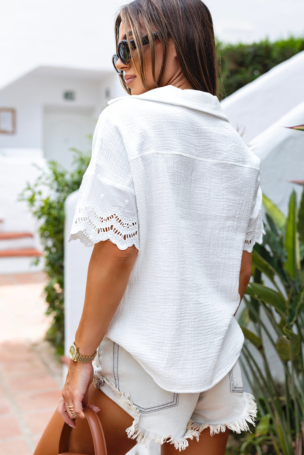 Blouse for Women Collared V Neck Crinkled Lace-Trimmed