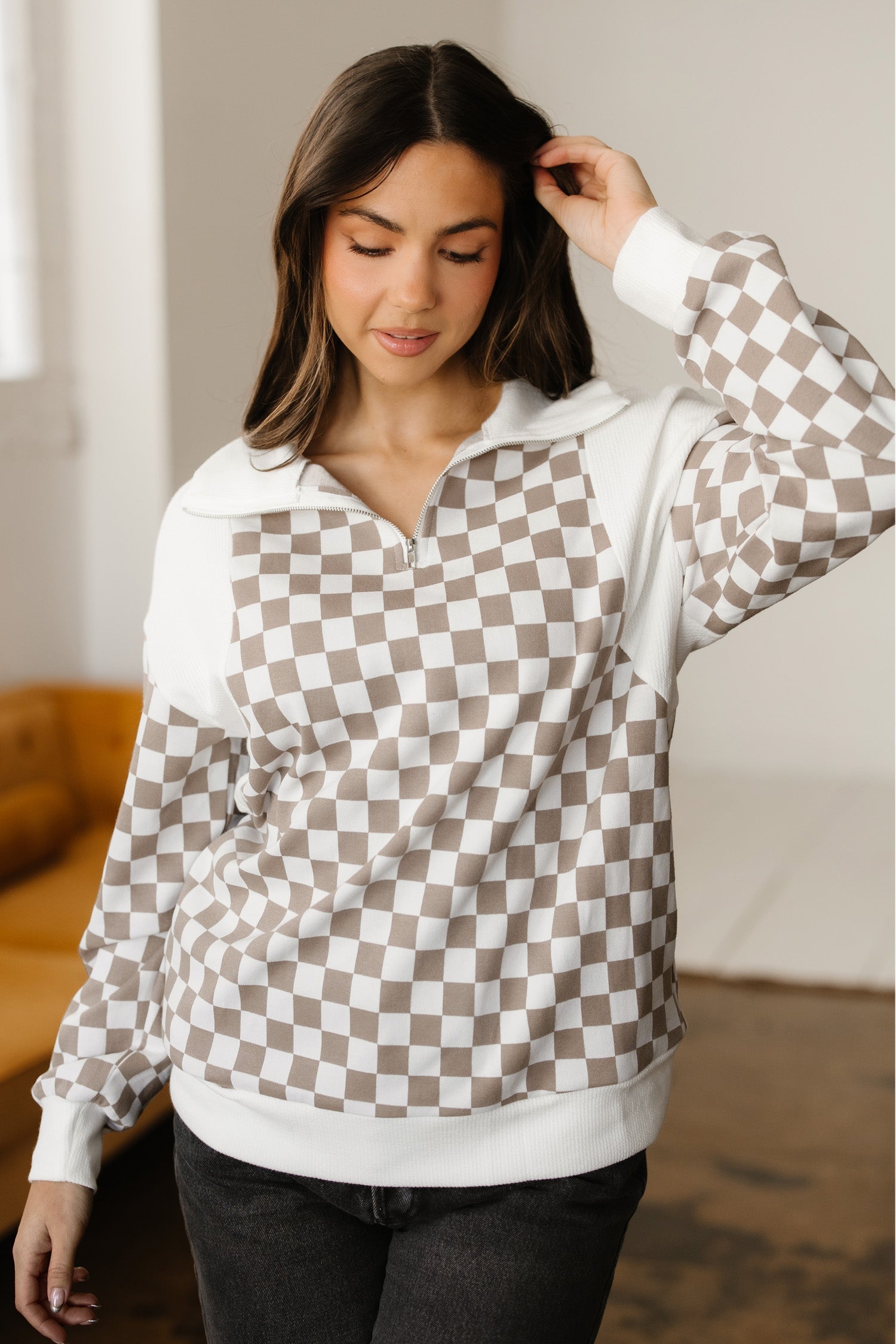 Quarter Patchwork Zip Rib-Knit Loose Sweatshirt
