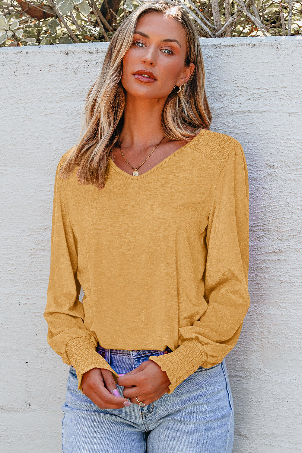 Shirred Shoulder Frilled Cuffs Long-Sleeved Top