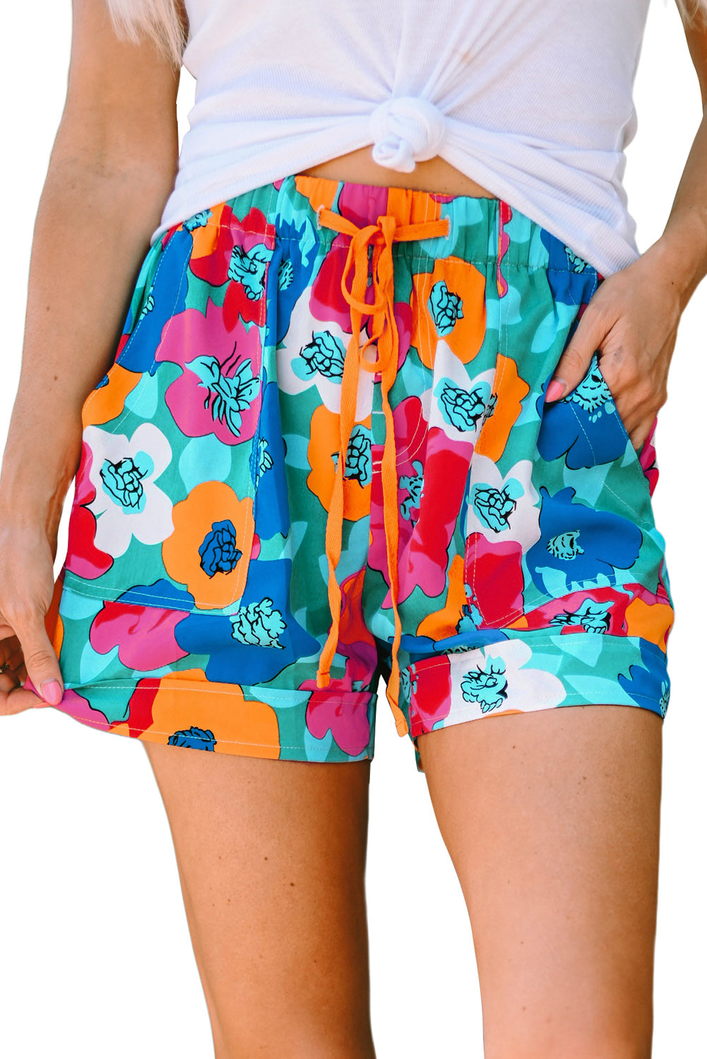 Short décontracté à taille élastique avec cordon de serrage imprimé floral multicolore