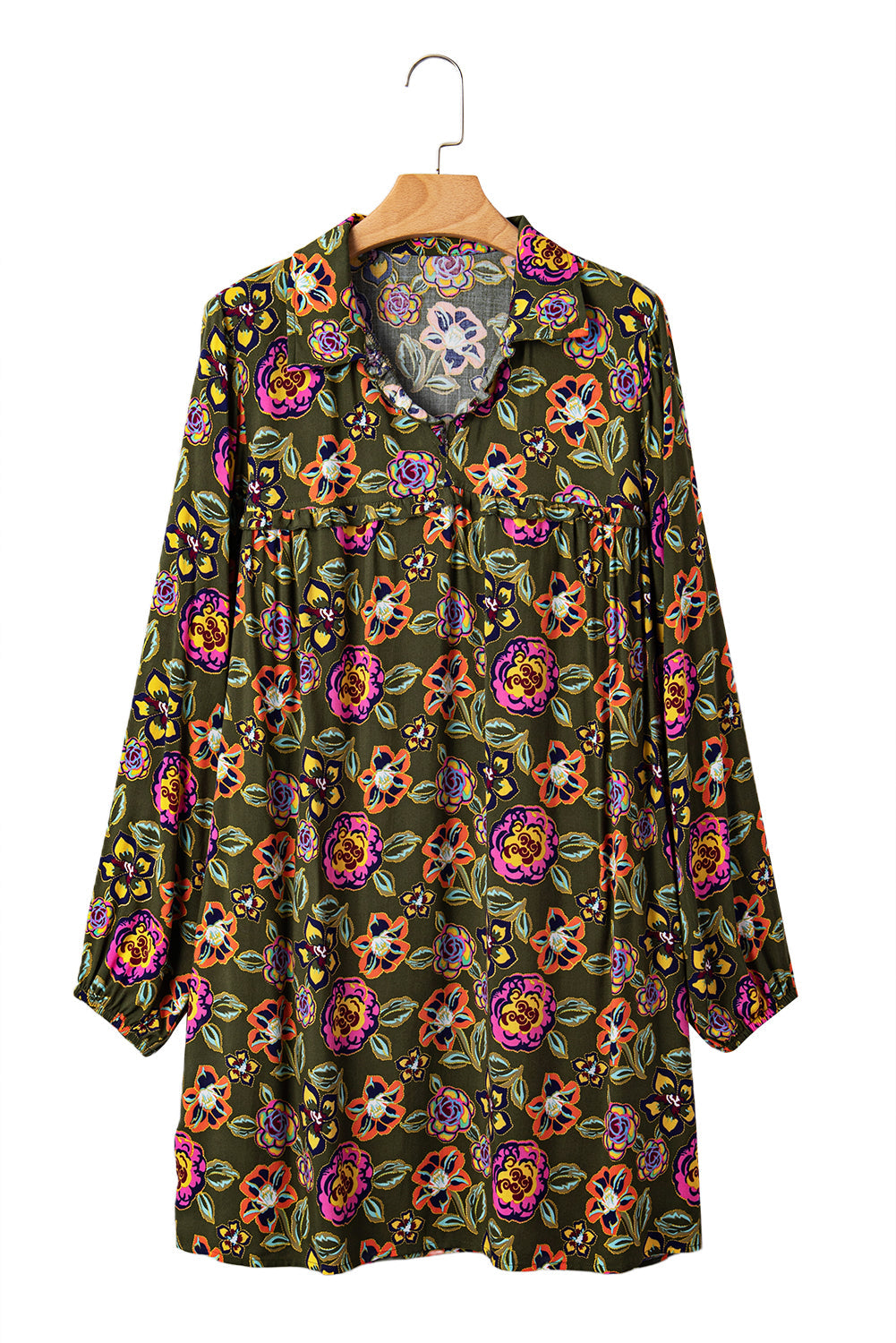 Floral-Print Split Neck Bubble Sleeve Shift Mini Dress