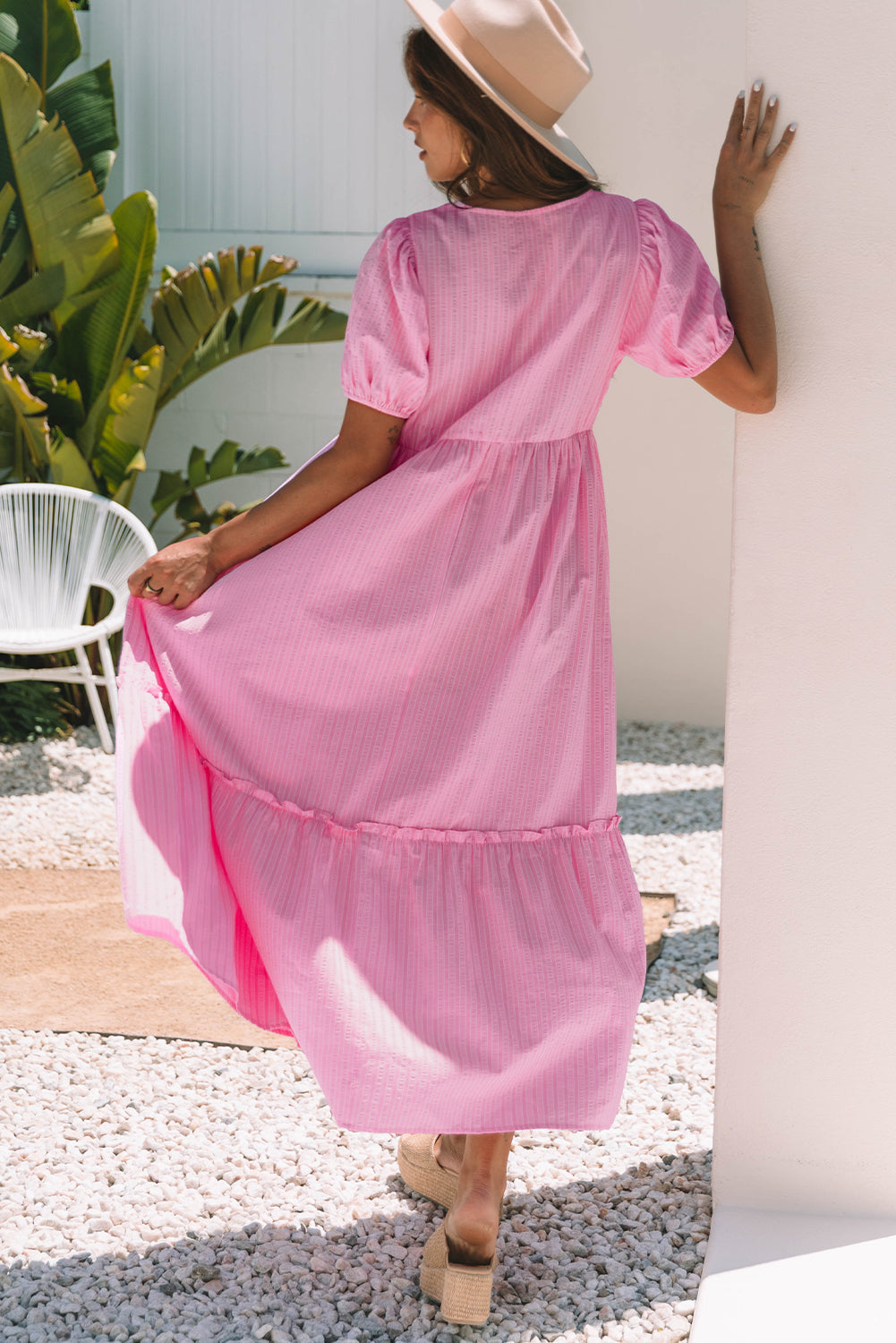 V-Neck Puff Short-Sleeved Maxi Dress