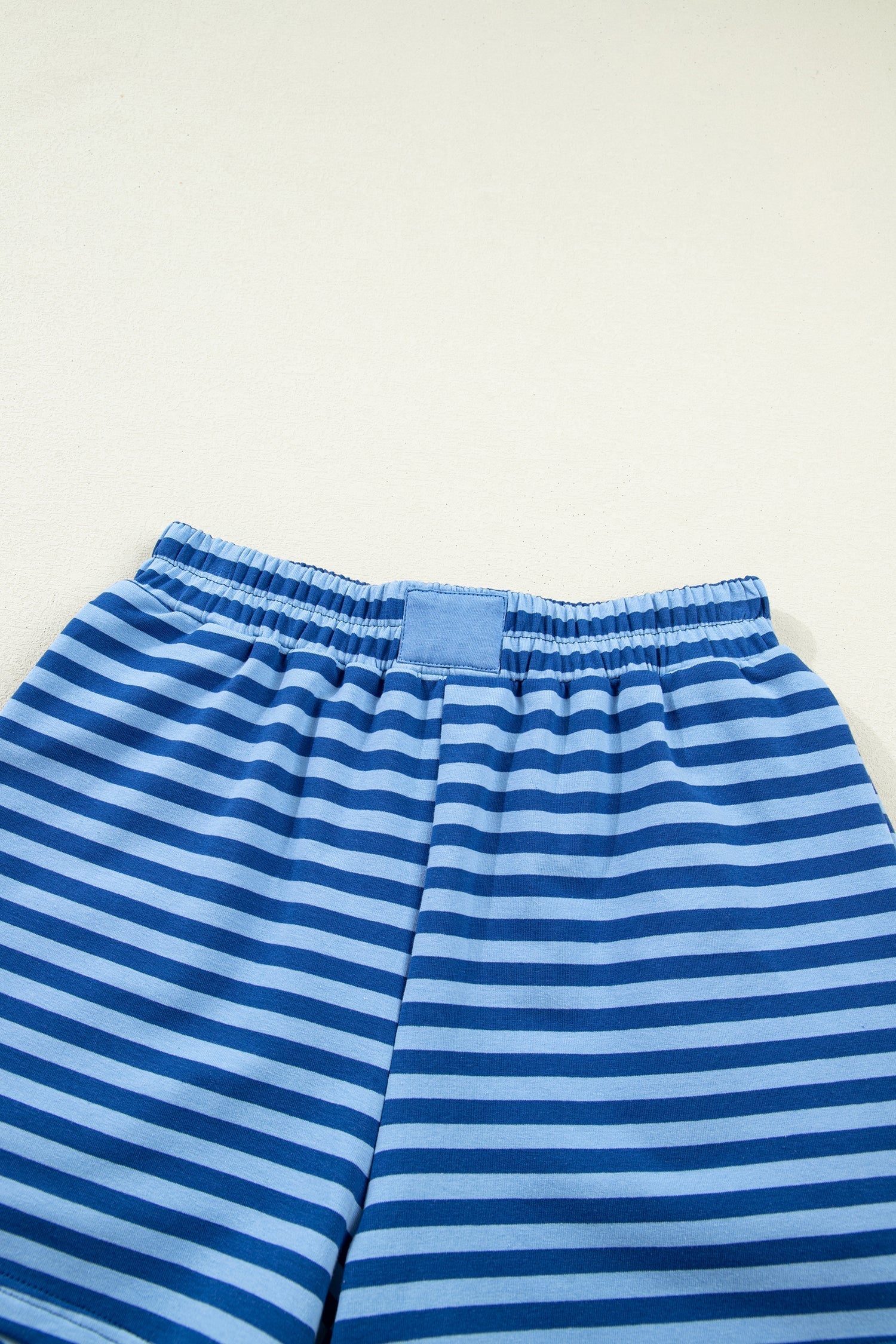 Drop-Shoulder Long-Sleeved Stripe Long-Sleeved Pullover Elastic Waist Everyday Short Set in Blue