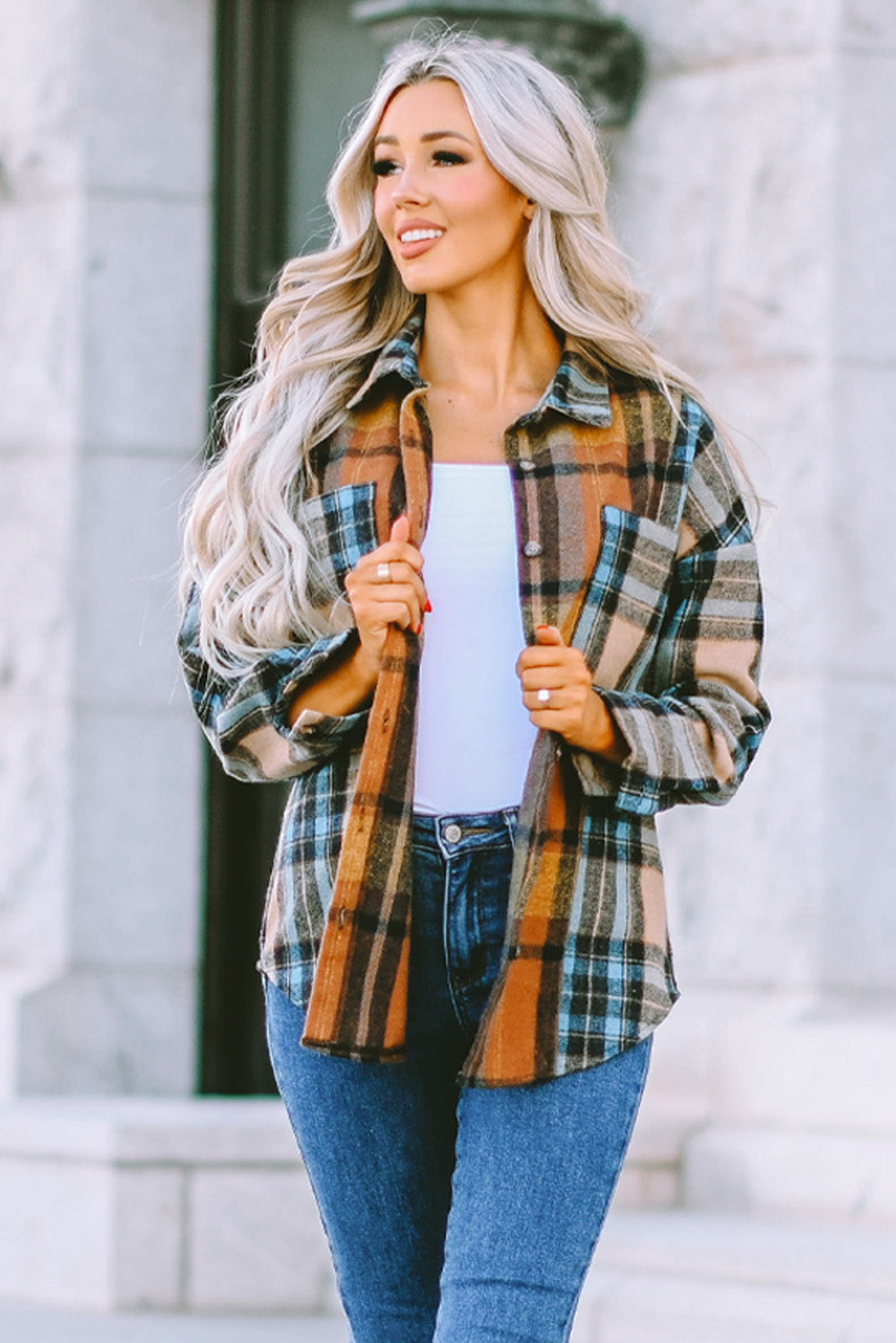 Chemise Boutonnée À Carreaux Avec Poches Et Blocs De Couleurs