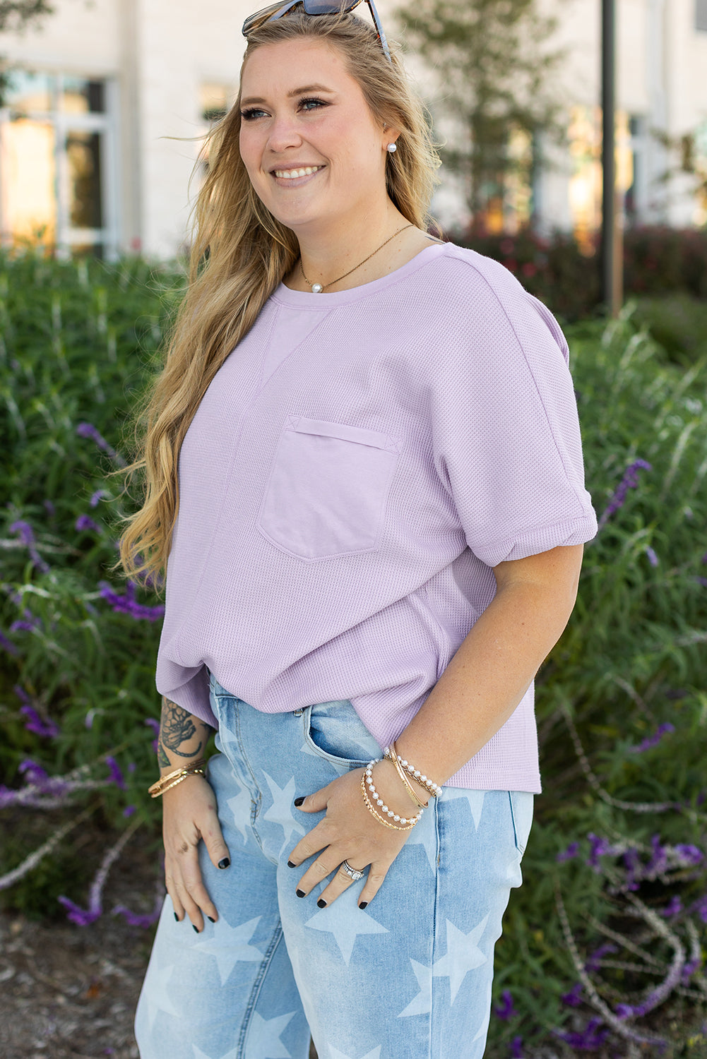 Waffle Knit Short Sleeve Patched Pocket Plus Size Top