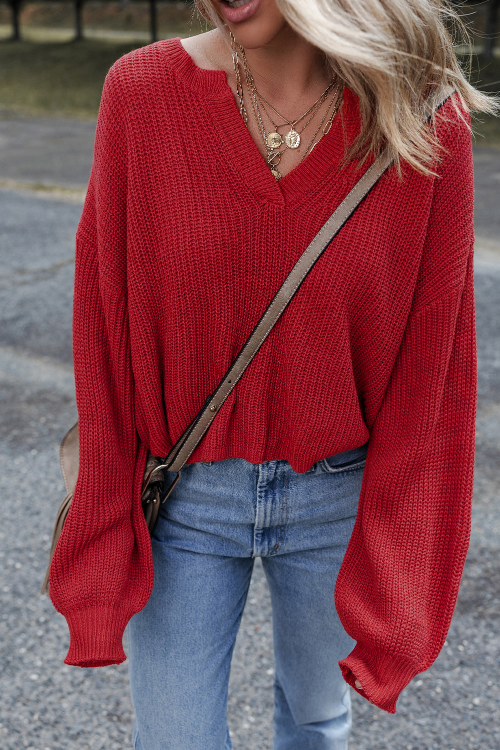 Solid Textured Knit V-Neck Drop-Shoulder Knit Top in Red