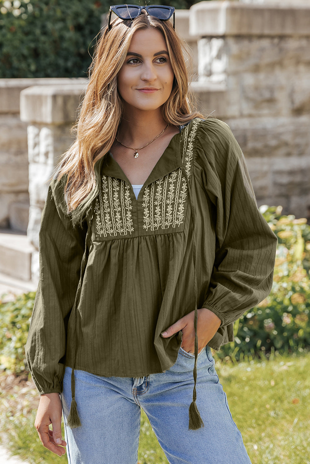 Women's Blouse with Green Split Neck Pleat-Detail Loose
