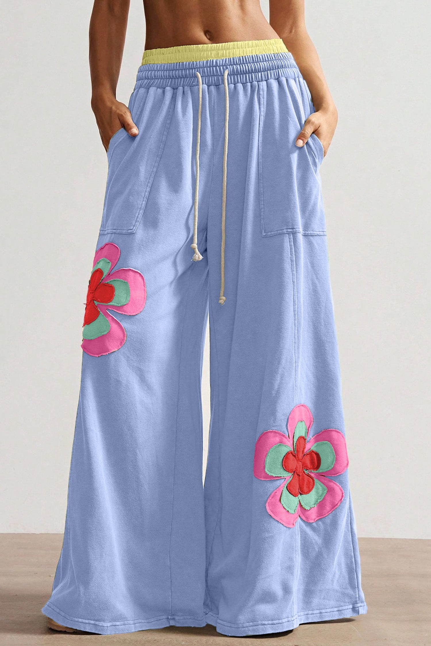 Flower Patchwork Elastic Waist Wide-Leg Pants in Sky Blue