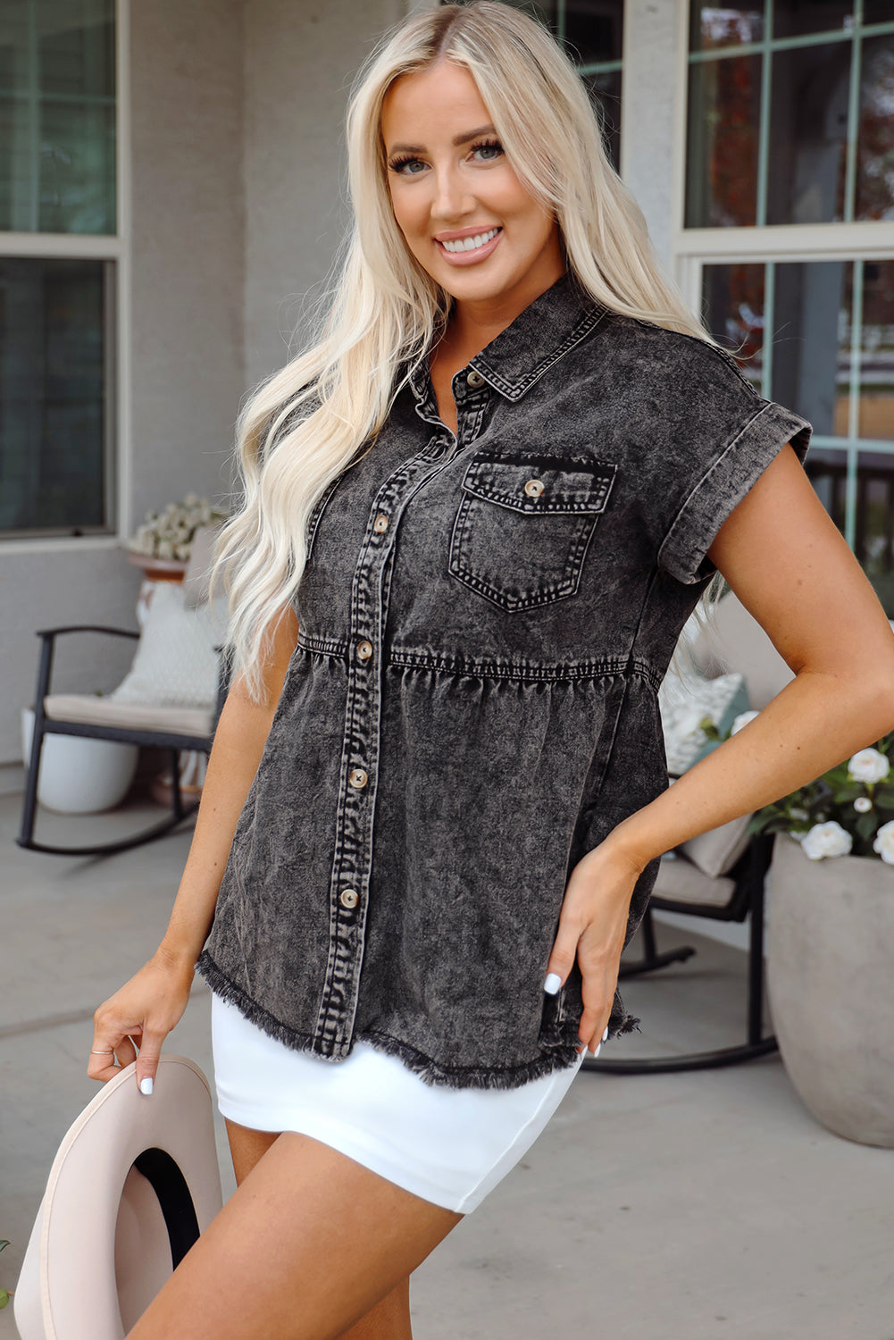 Short Sleeve Flap Pocket Button Up Raw Hem Denim Shirt