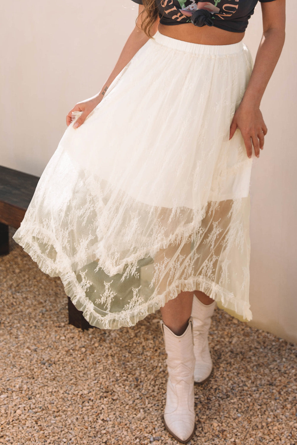 Lace High-Waisted Cascading Tiered Maxi Skirt in Beige
