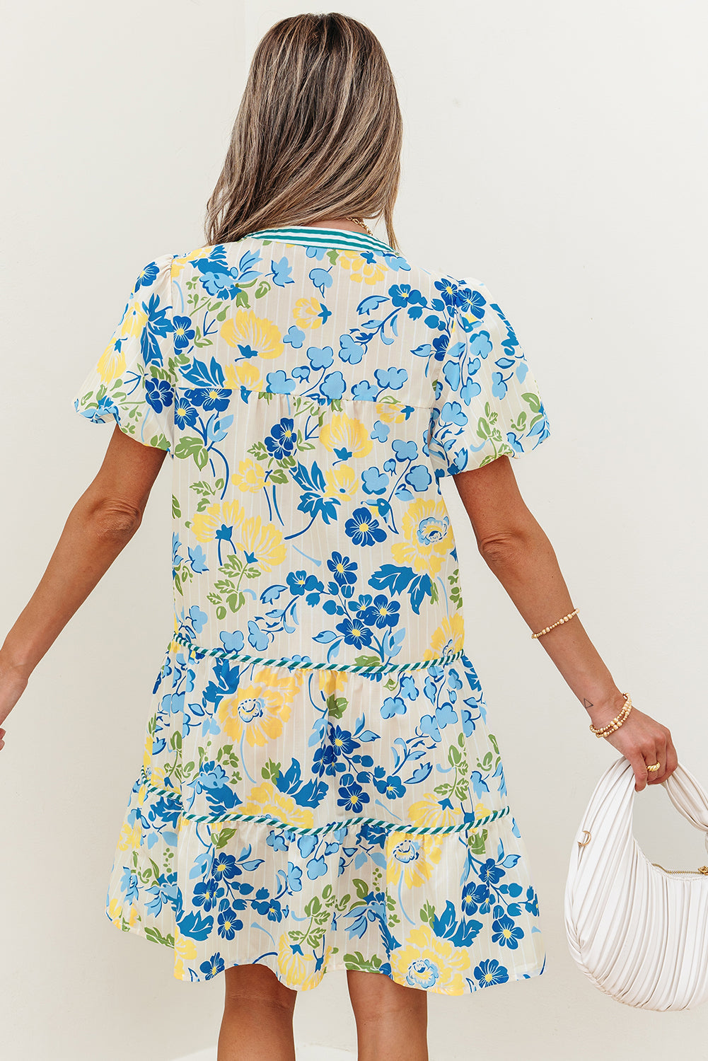 Floral Striped Trim Puff Short Sleeve Dress
