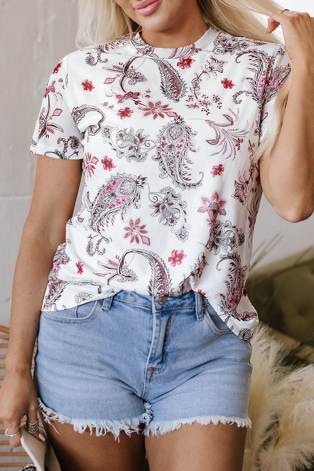 Vintage Paisley Mock Neck T Shirt