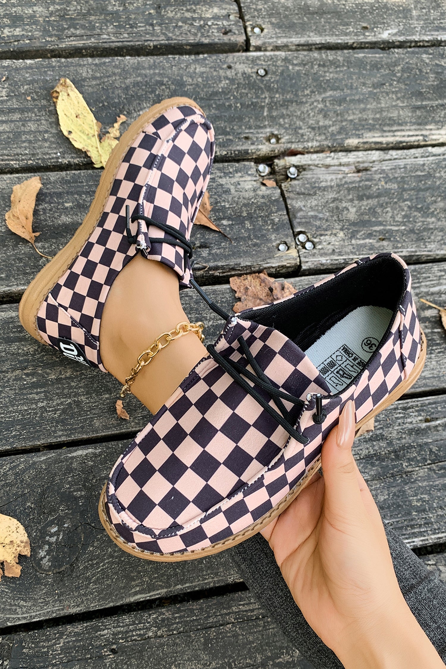 Checkered Leather Print PU Lace Up Detail Flat Shoes