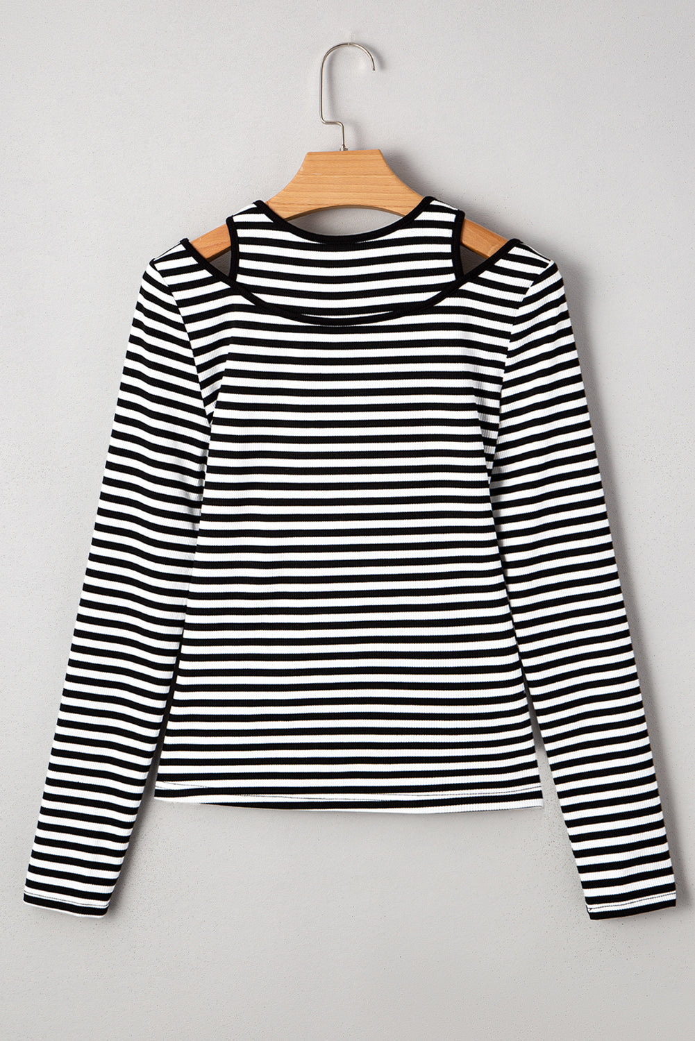 Stripe Double-layer Cold Shoulder Long-Sleeved Top in Black