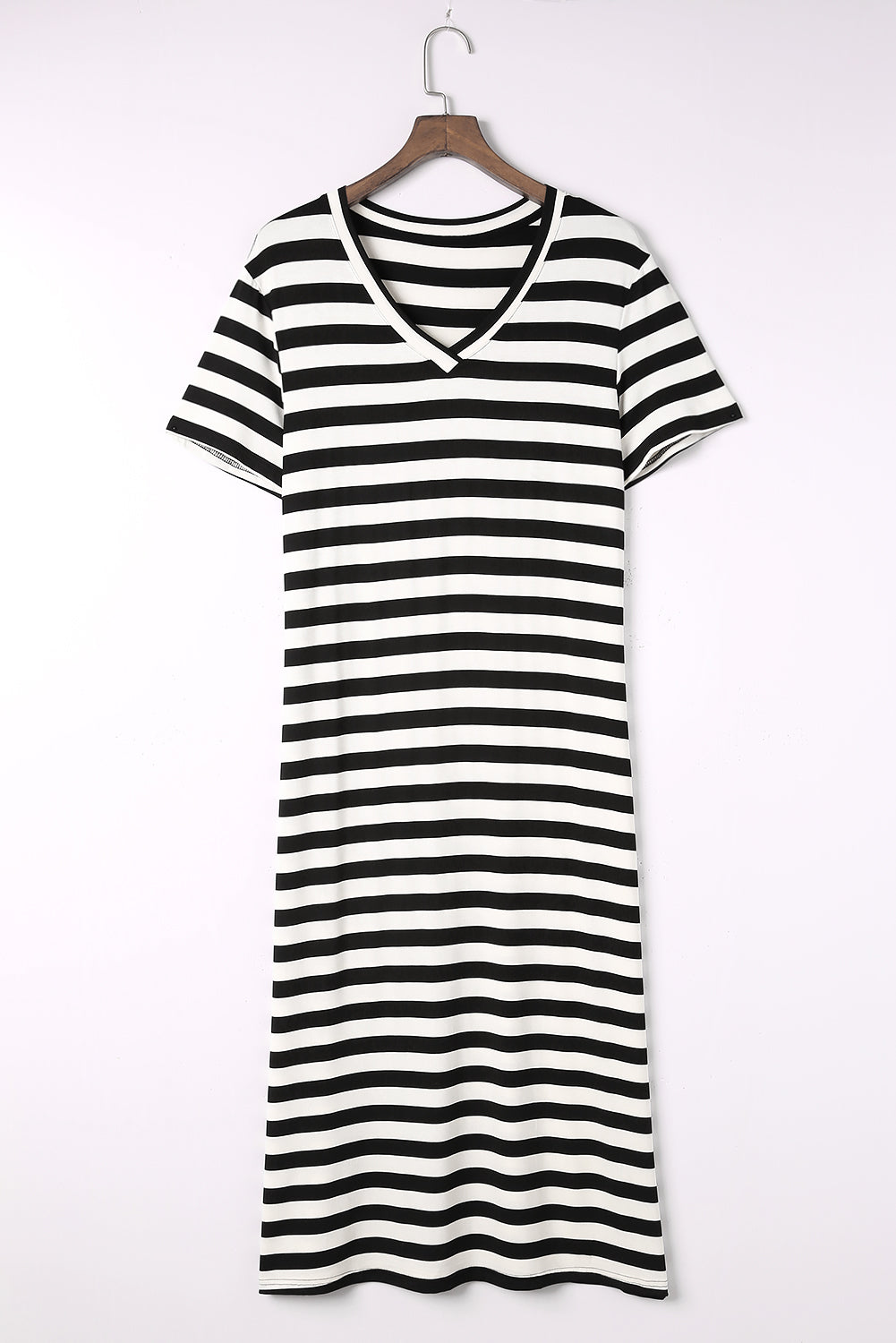 V-Neck Stripe Print Maxi Dress with Side Splits in Black