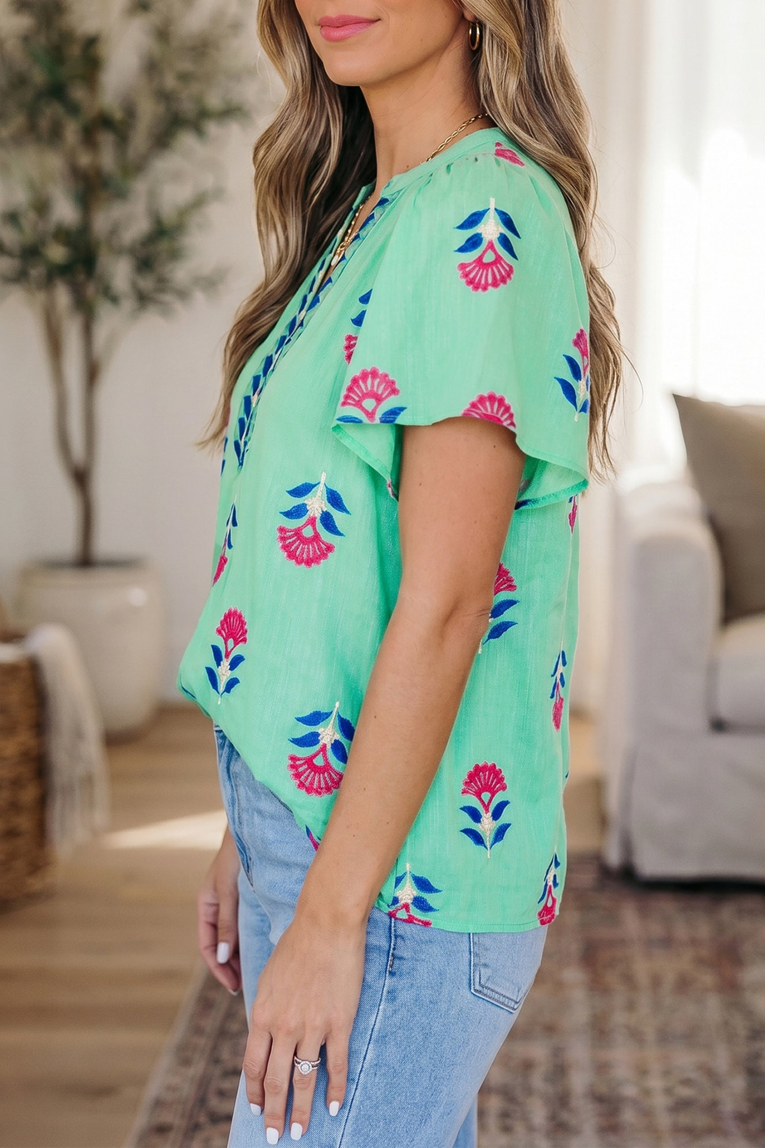 V-Neck Flutter Floral Flutter Sleeve Blouse in Green