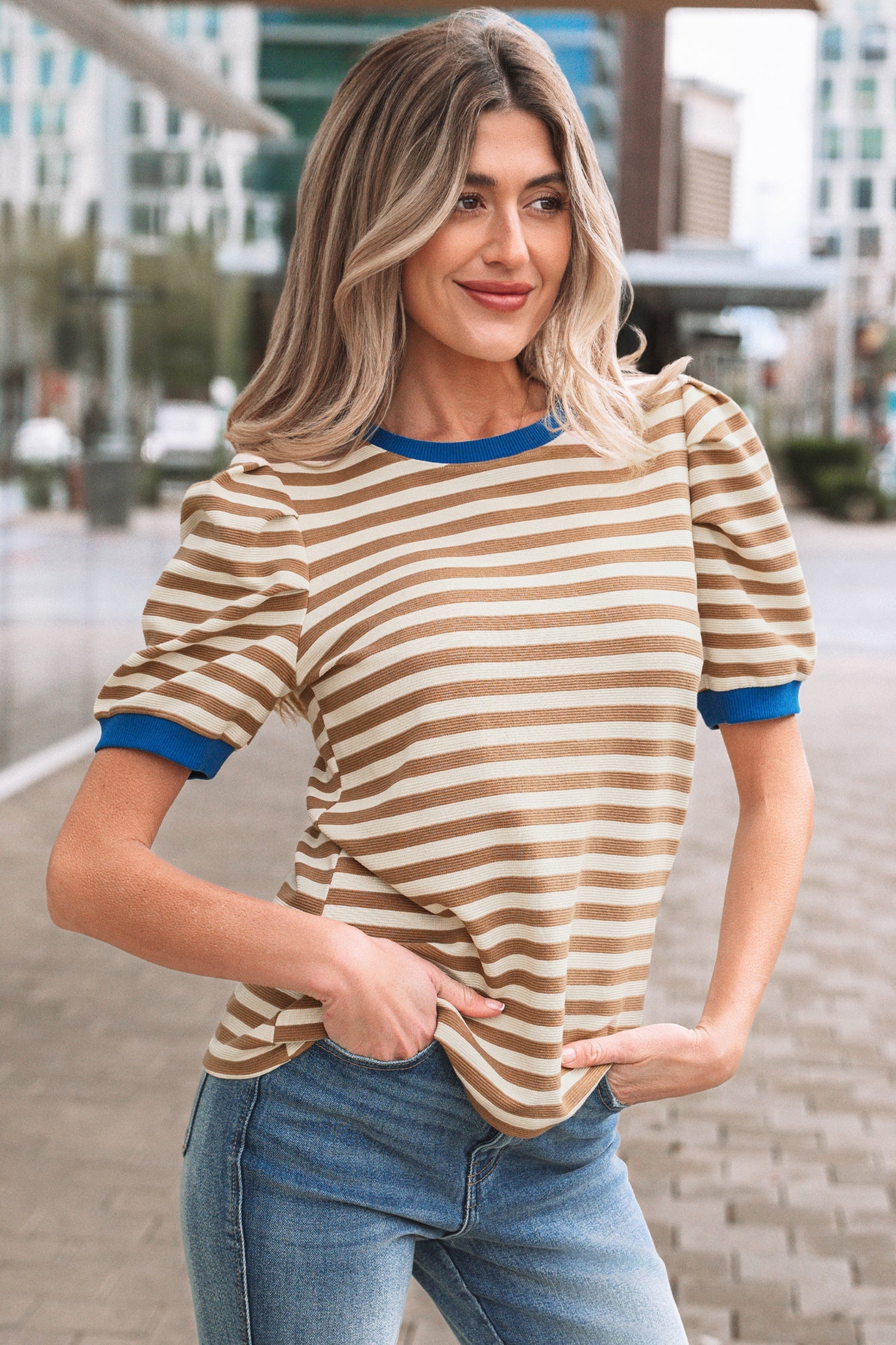 Puff Stripe Short Sleeve Round-Neck Tee in Brown