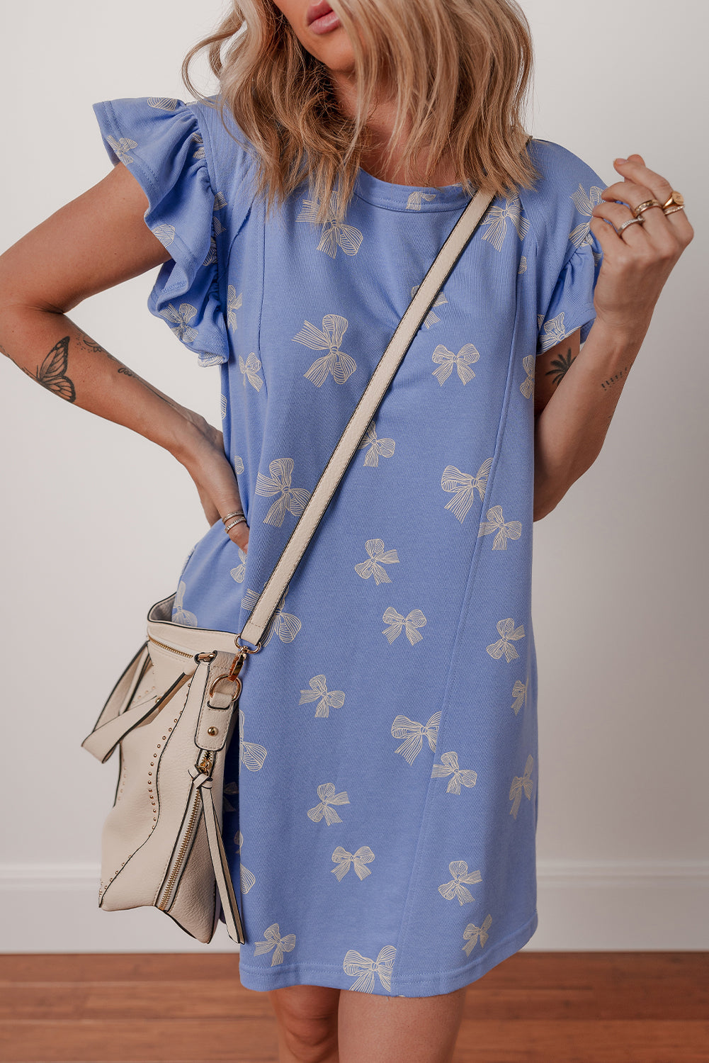 Bow Knot Print Crewneck Ruffled Sleeve Shift Mini Dress