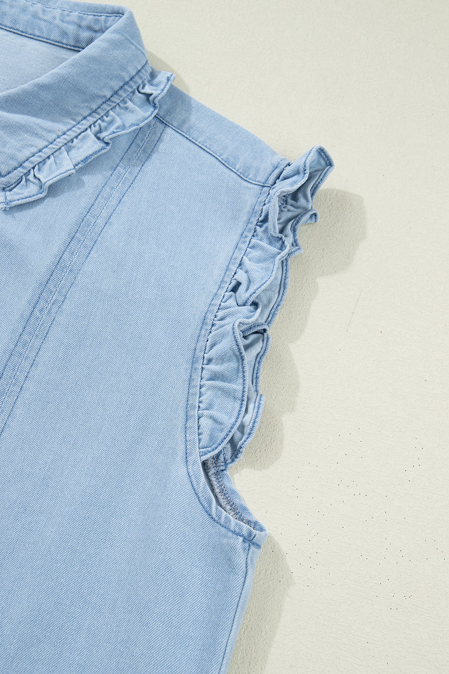 Polished Beau Blue Ruffled Edge Collared Shift Denim Dress Featuring Pockets