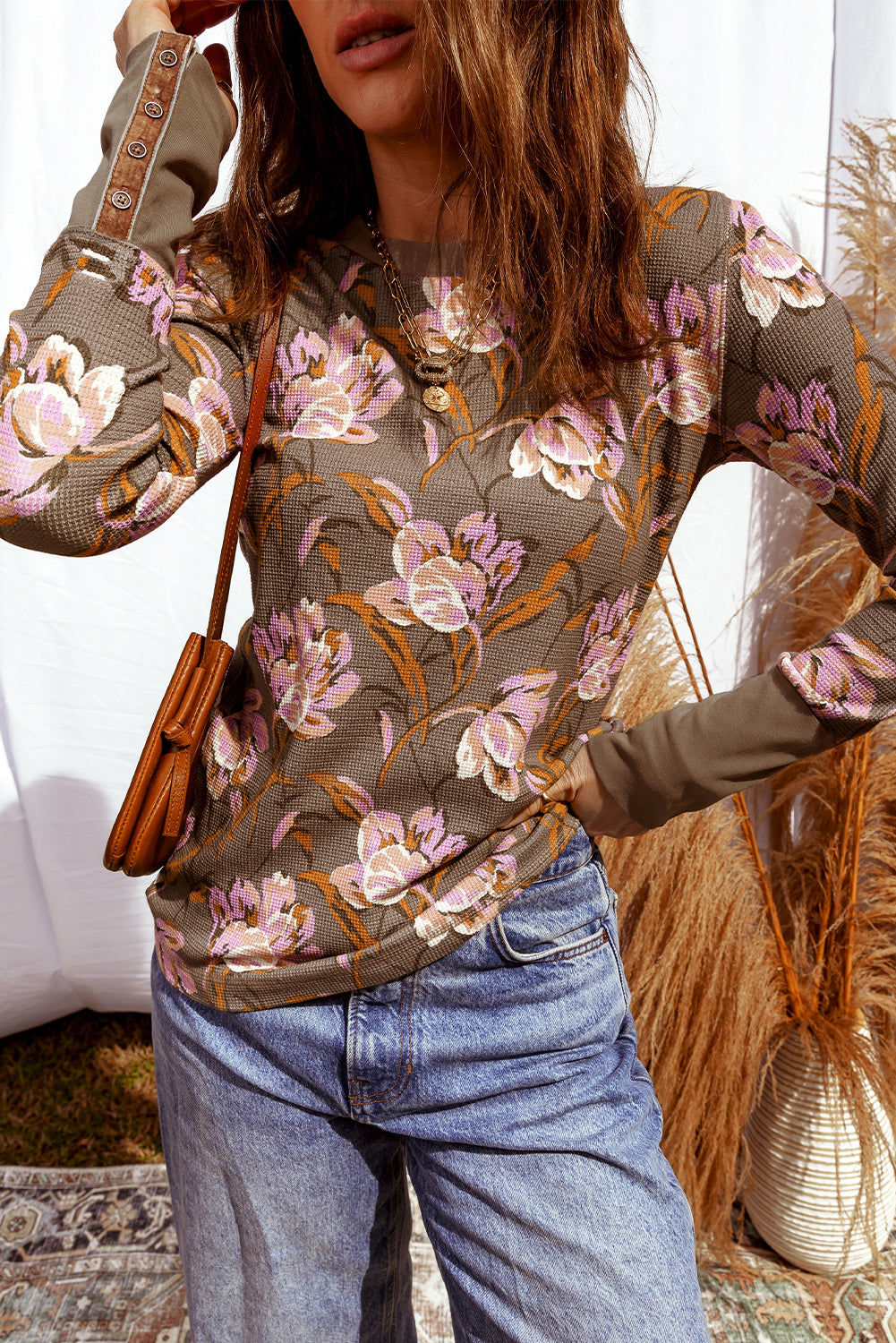 Floral-Print Long-Sleeved Waffle Textured Top in Brown