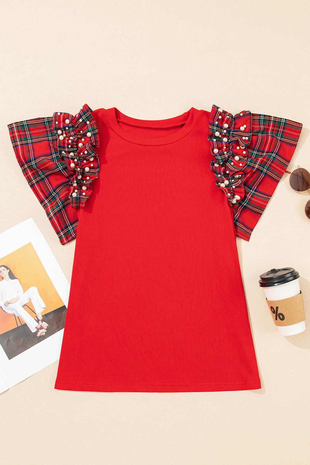 Ruffle Plaid Pearl Short-Sleeved Loose T Shirt in Red
