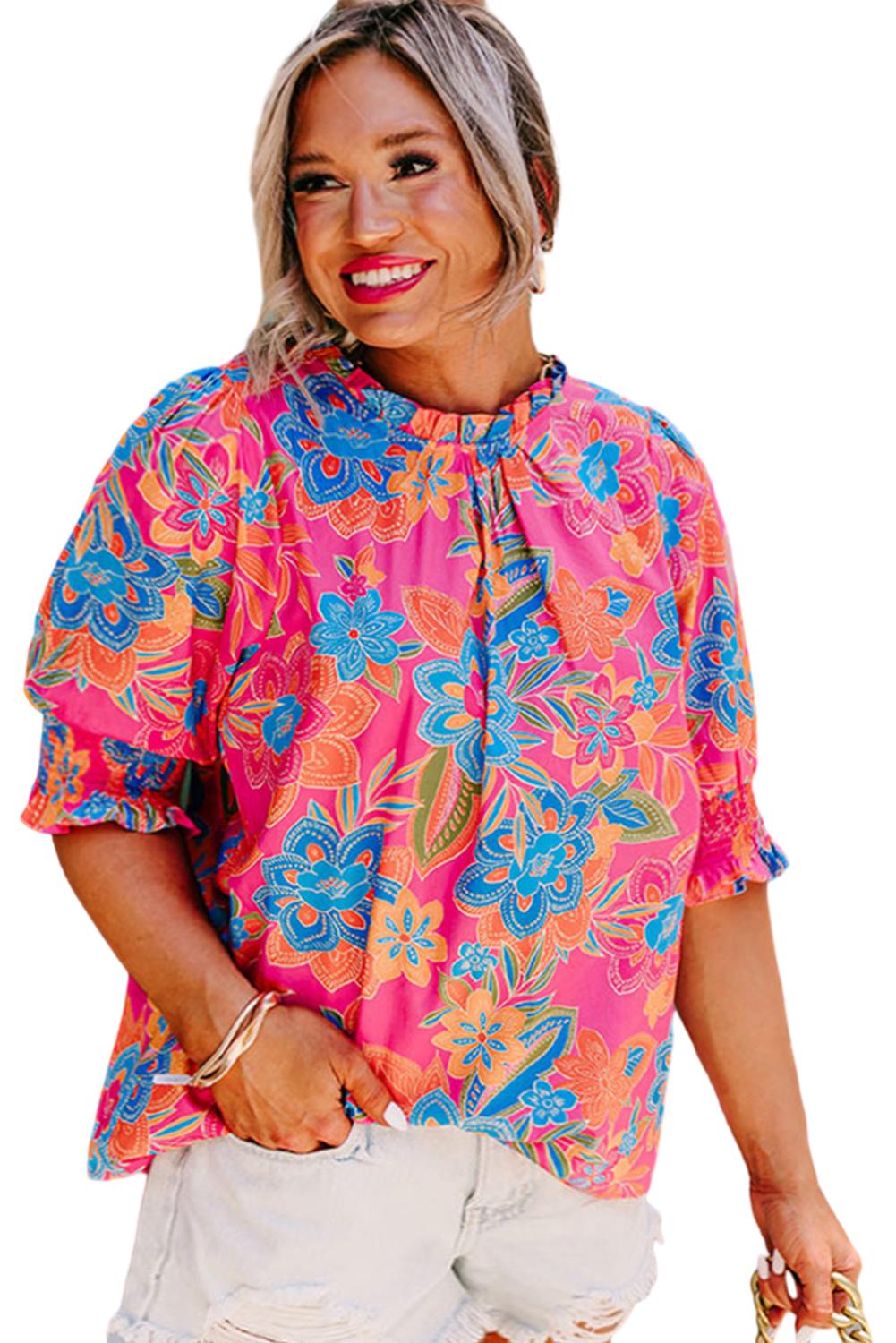 Plus - Blouse à imprimé floral et manches bouffantes à col froncé