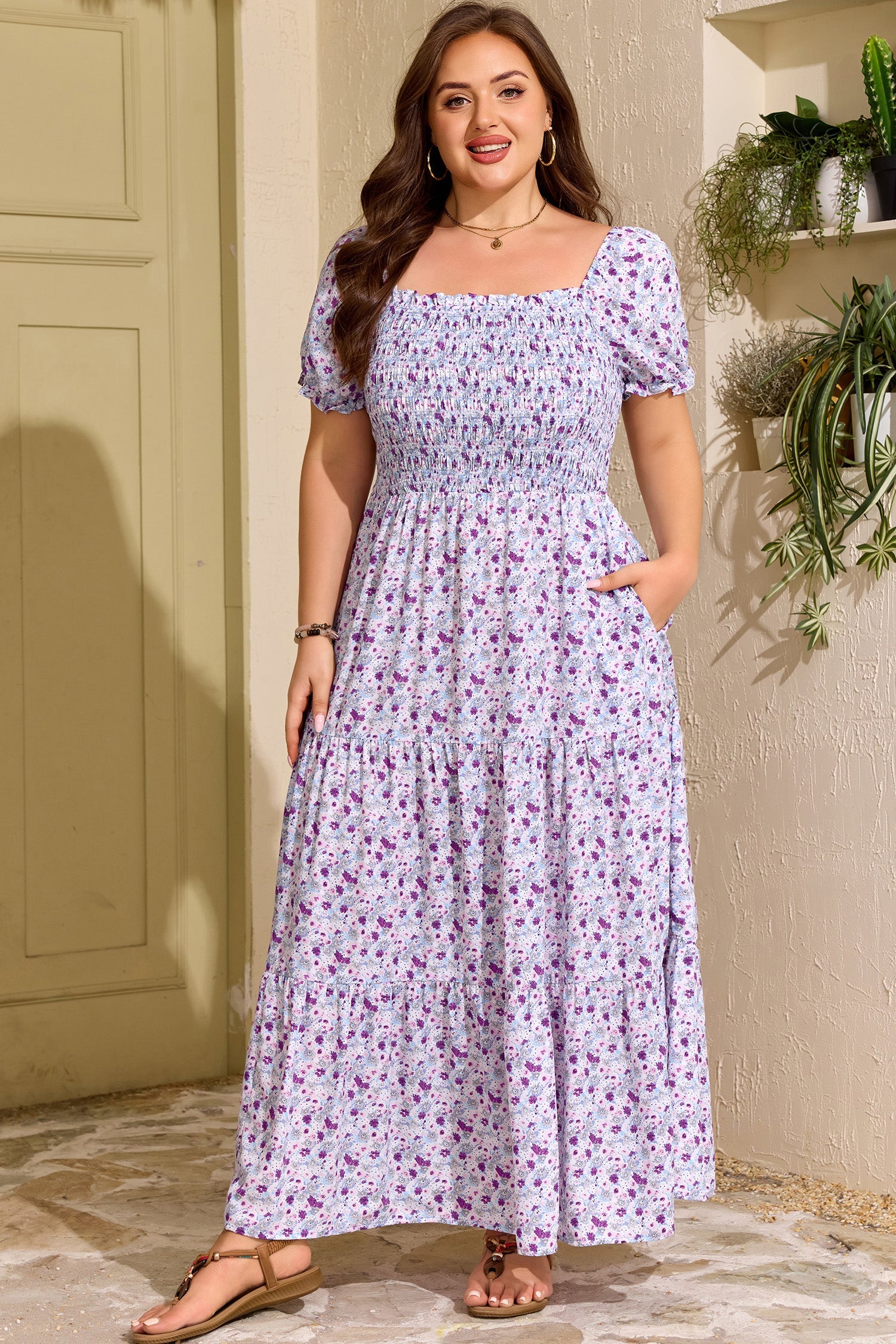 Size Floral-Print Plus Floral-Print Square Neck Smocked Maxi Dress in Purple