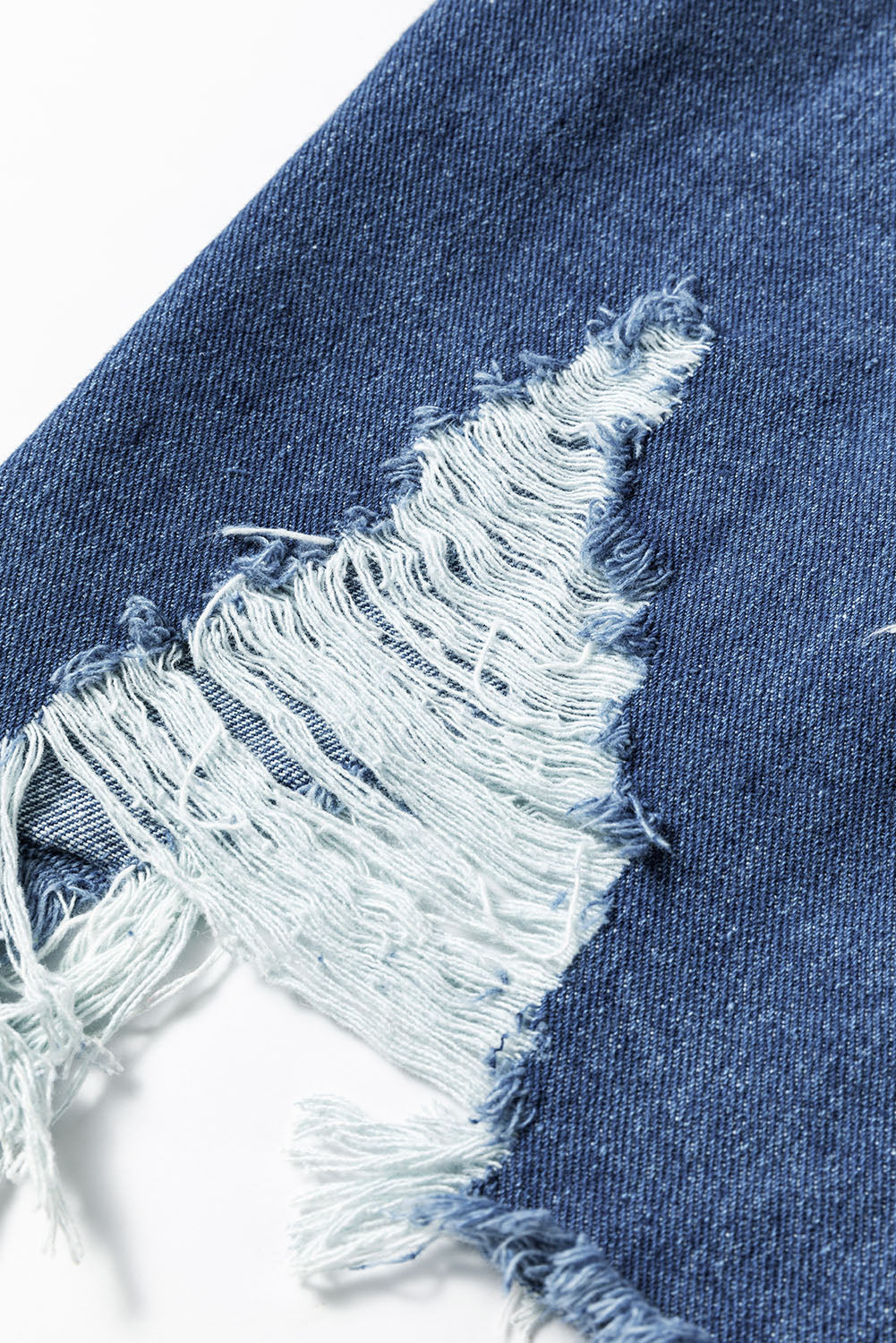 Light Frayed Wash Distressed Long Denim Jacket in Sky Blue