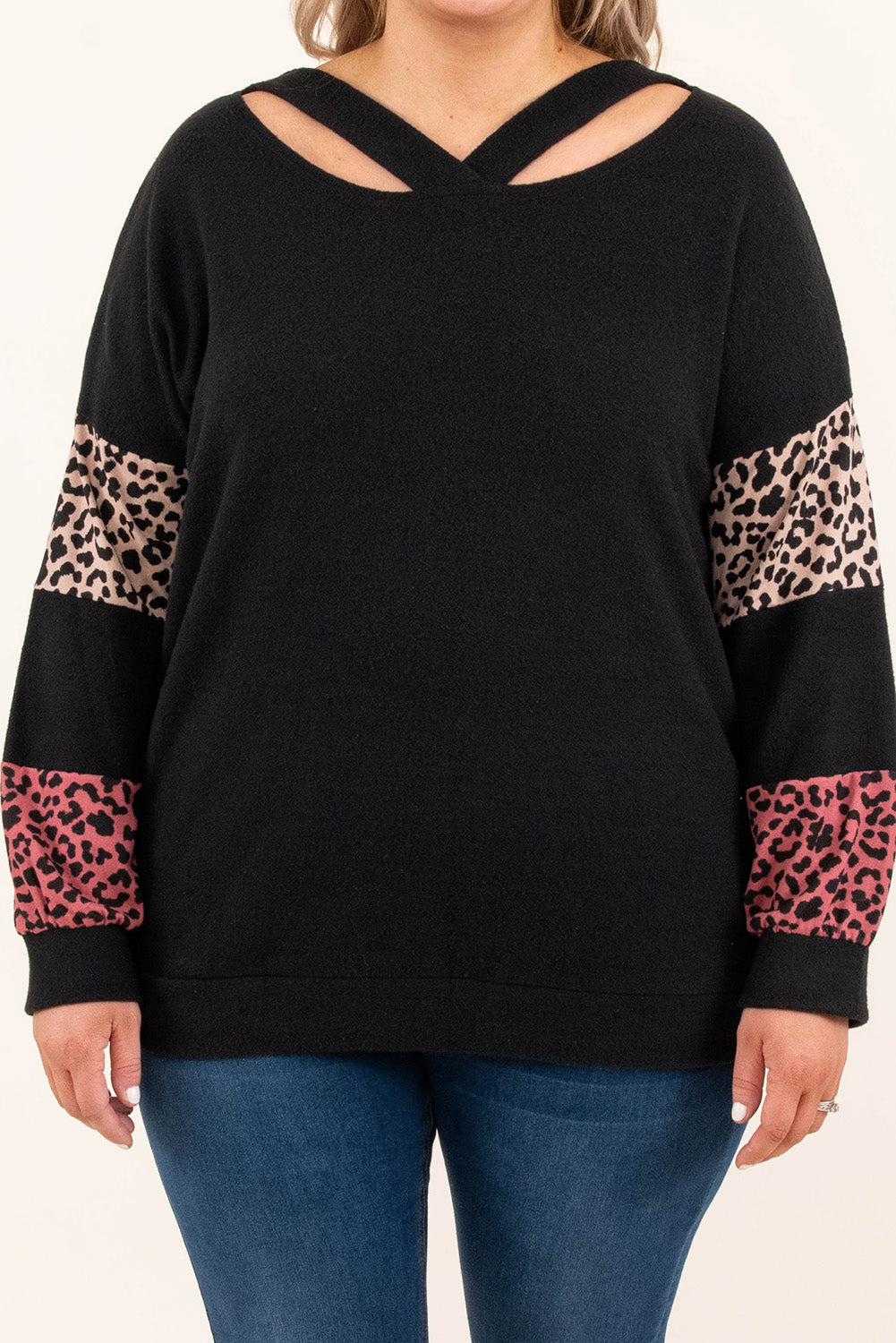 Women's Top Featuring Plus Size Leopard-Print Patchwork Strappy Neck
