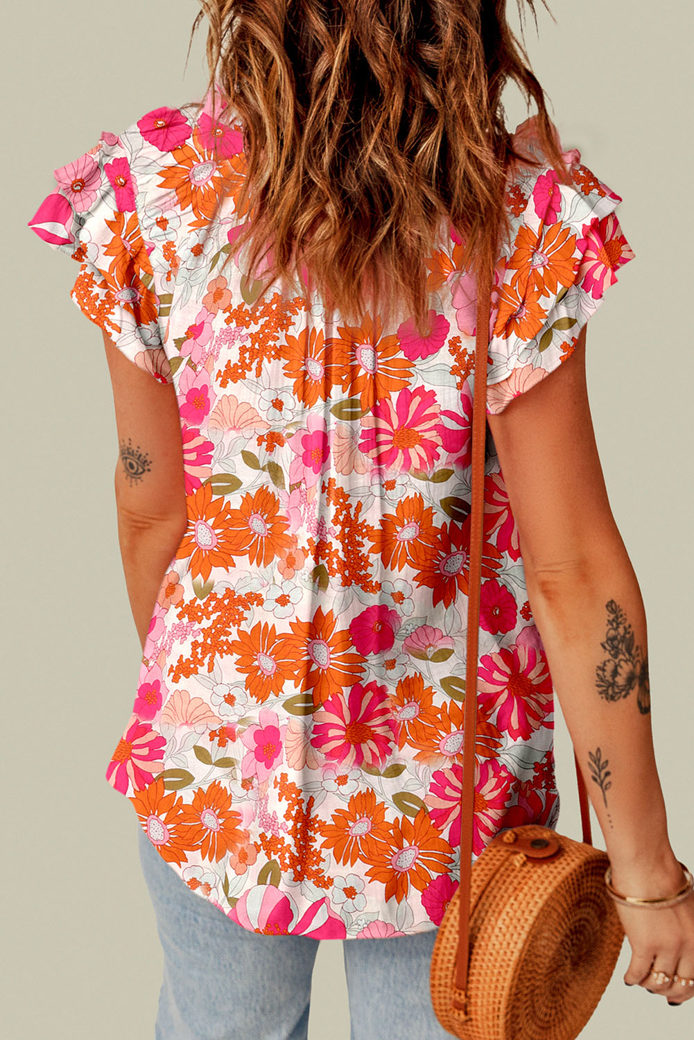 Blouse for Women Split Ruffle-Trimmed Sleeve Floral-Print