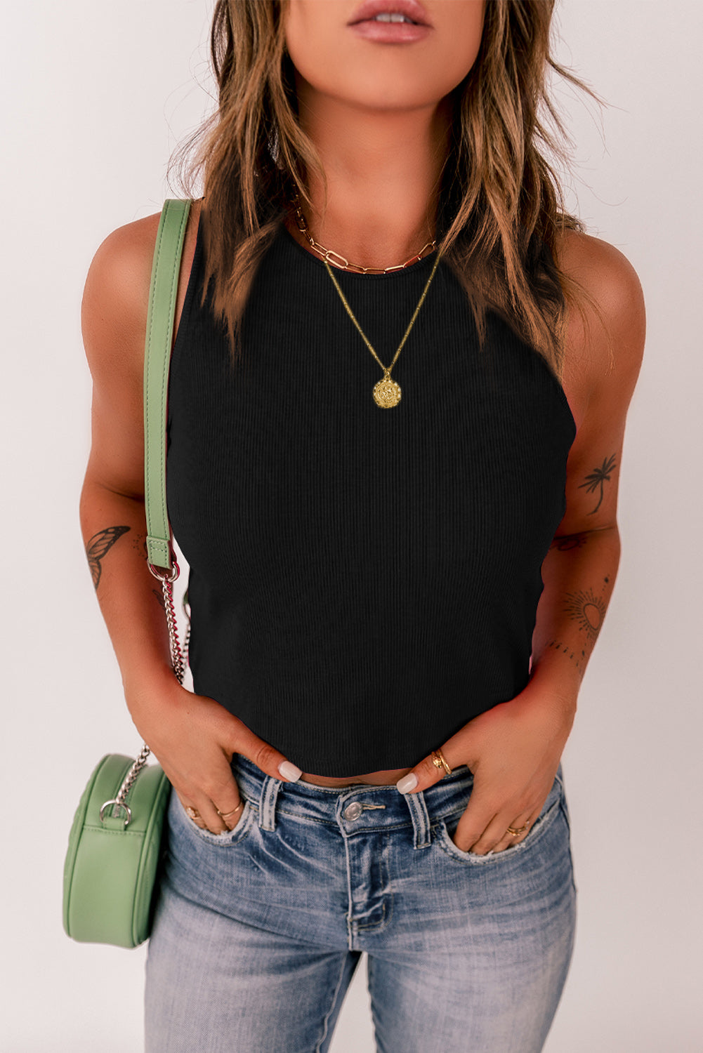 Top for Women Rib-Knitted Sleeveless Crop