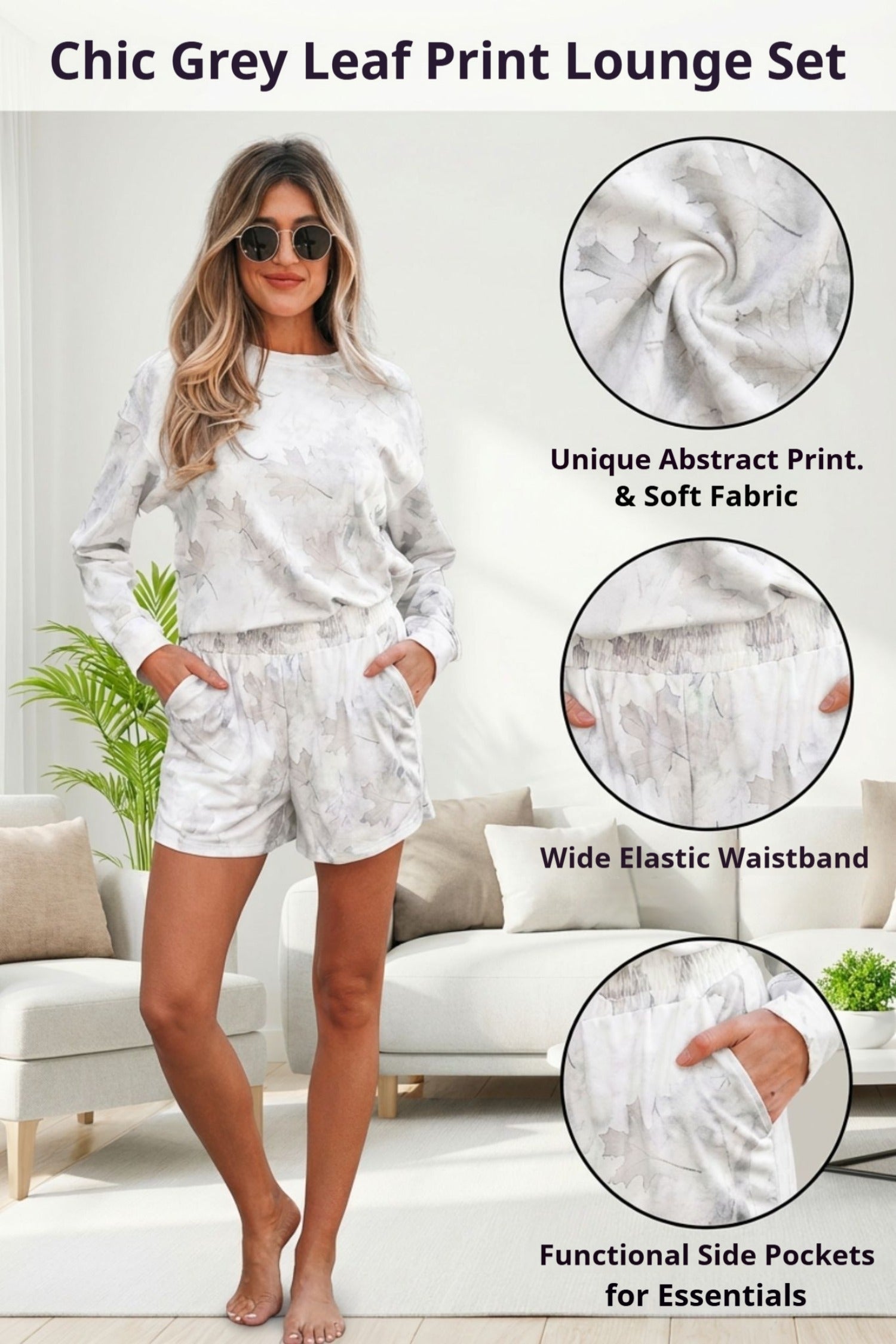 Print Maple Camo Pullover Top and Elastic Waist Everyday Short Set in Beige