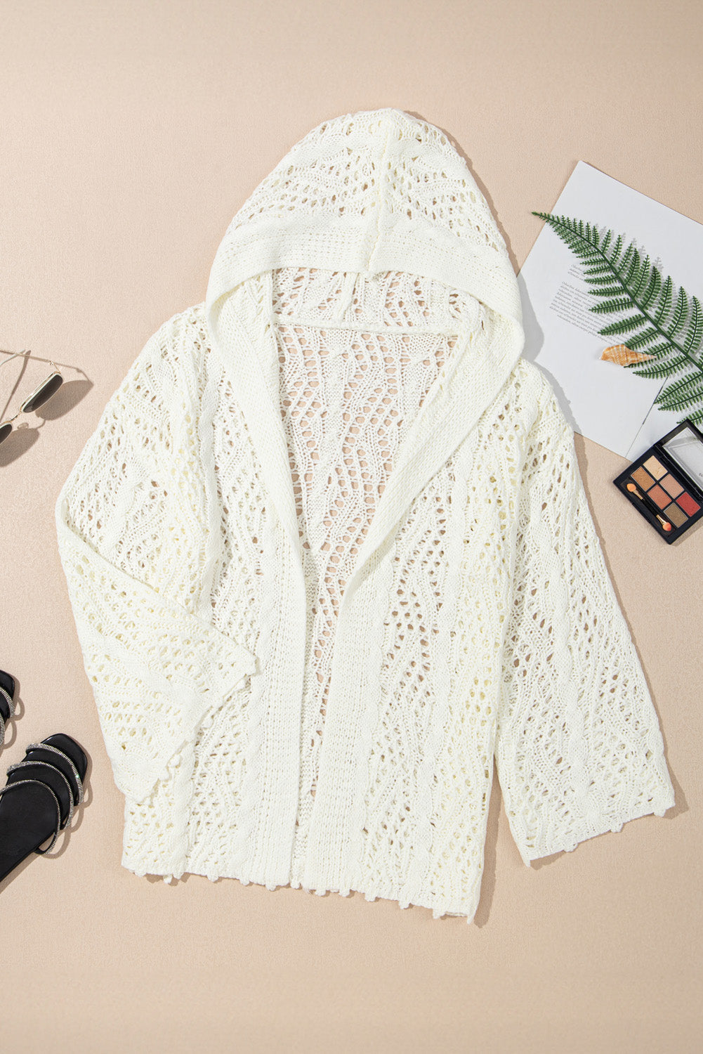 Knit Fashion Open Hooded Beach Cover Up in White