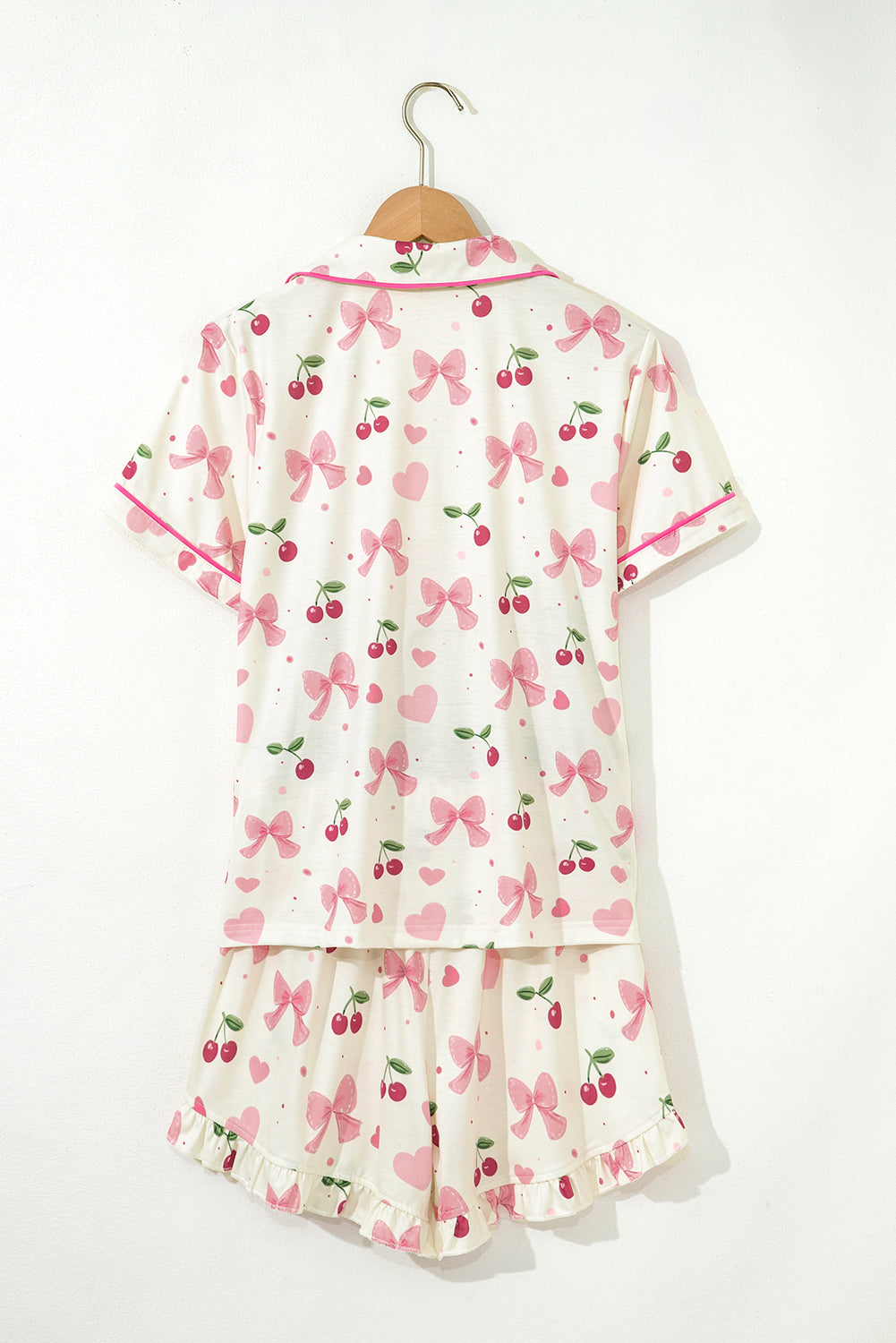 Fruit Print Bow Print Contrast Pipping Short Pajamas Set