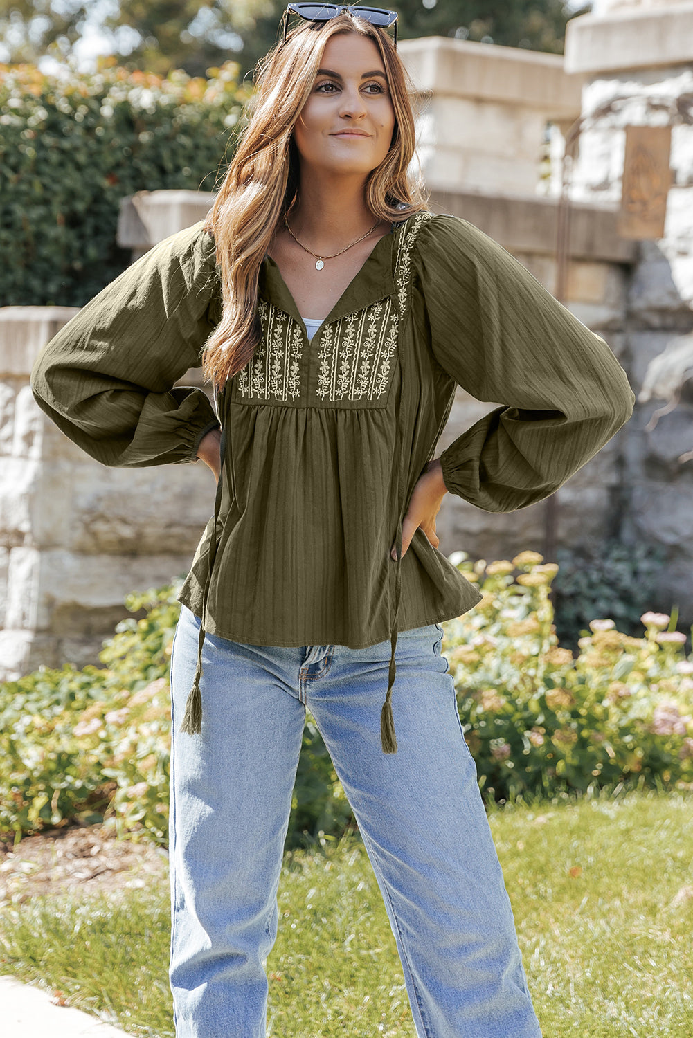 Women's Blouse with Green Split Neck Pleat-Detail Loose